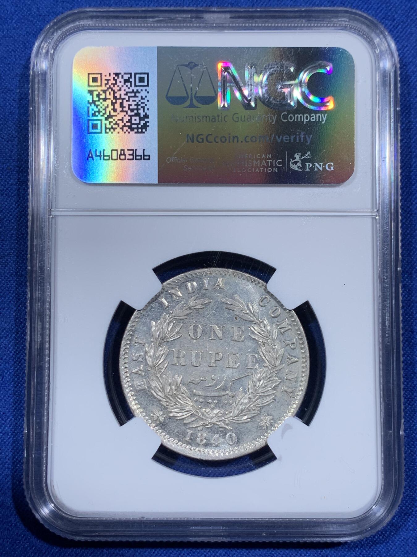 《竞宝斋》第381场 周日，周一 2场连拍 （全场包邮） NGC MS62 英属印度1840年双辫1卢比银币 维多利亚女王 印度币潜力巨大