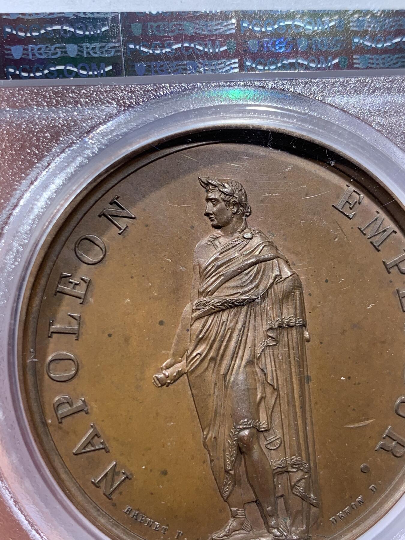 《竞宝斋》第381场 周日，周一 2场连拍 （全场包邮） PCGS SP64 冠军分+官网封面广告章 法国1804年拿破仑法典颁布原铸大铜章，全身像拿破仑与雅典娜女神，彰显拿皇的文治武功。拿破仑法典为世界最早的民法典，经多次修改后沿用至今，影响深远，是各国近代立法的规范