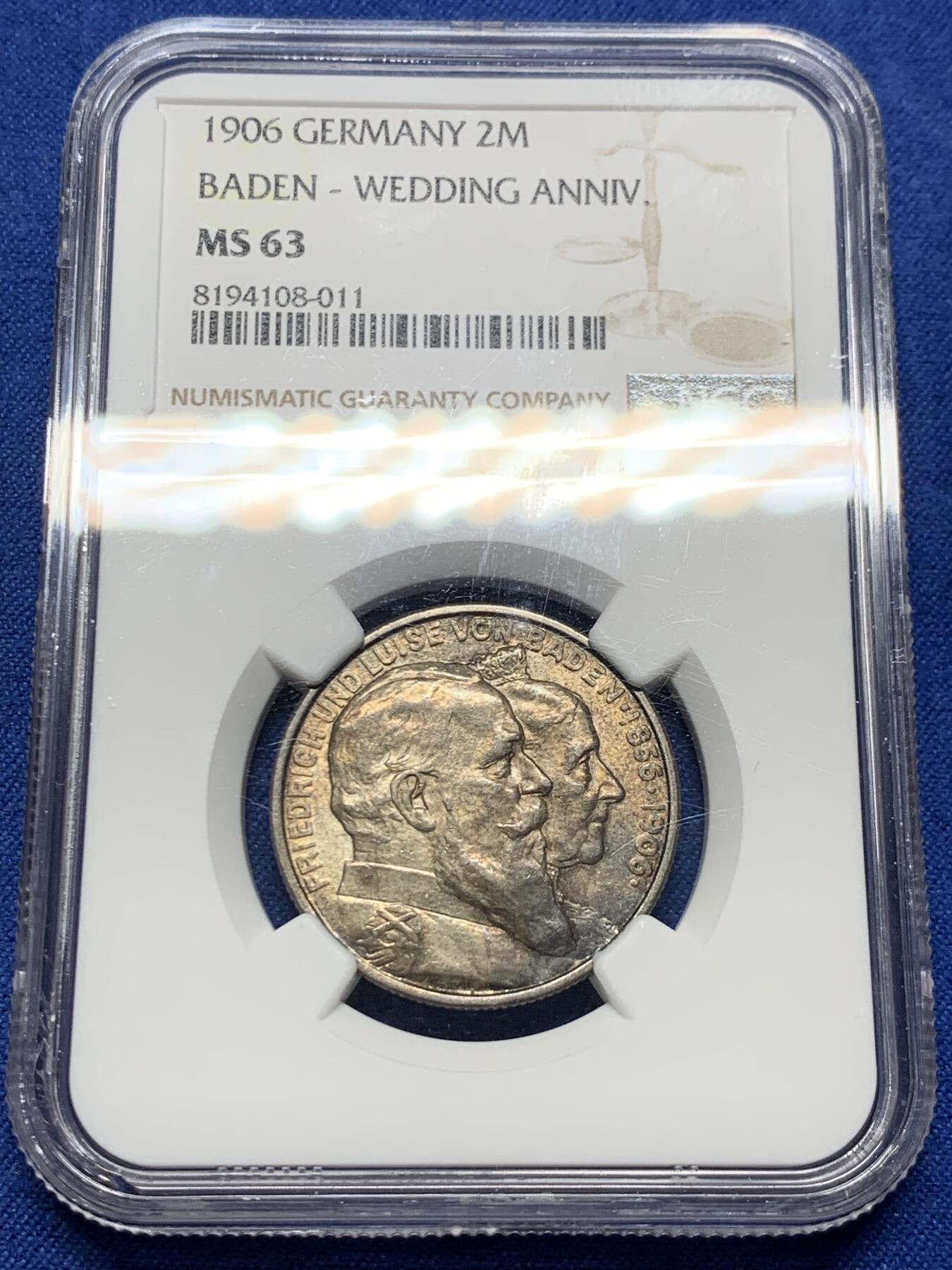 《竞宝斋》第381场 周日，周一 2场连拍 （全场包邮） NGC MS63 德国1906年巴登金婚2马克银币 深彩包浆 盒子角落有内裂纹