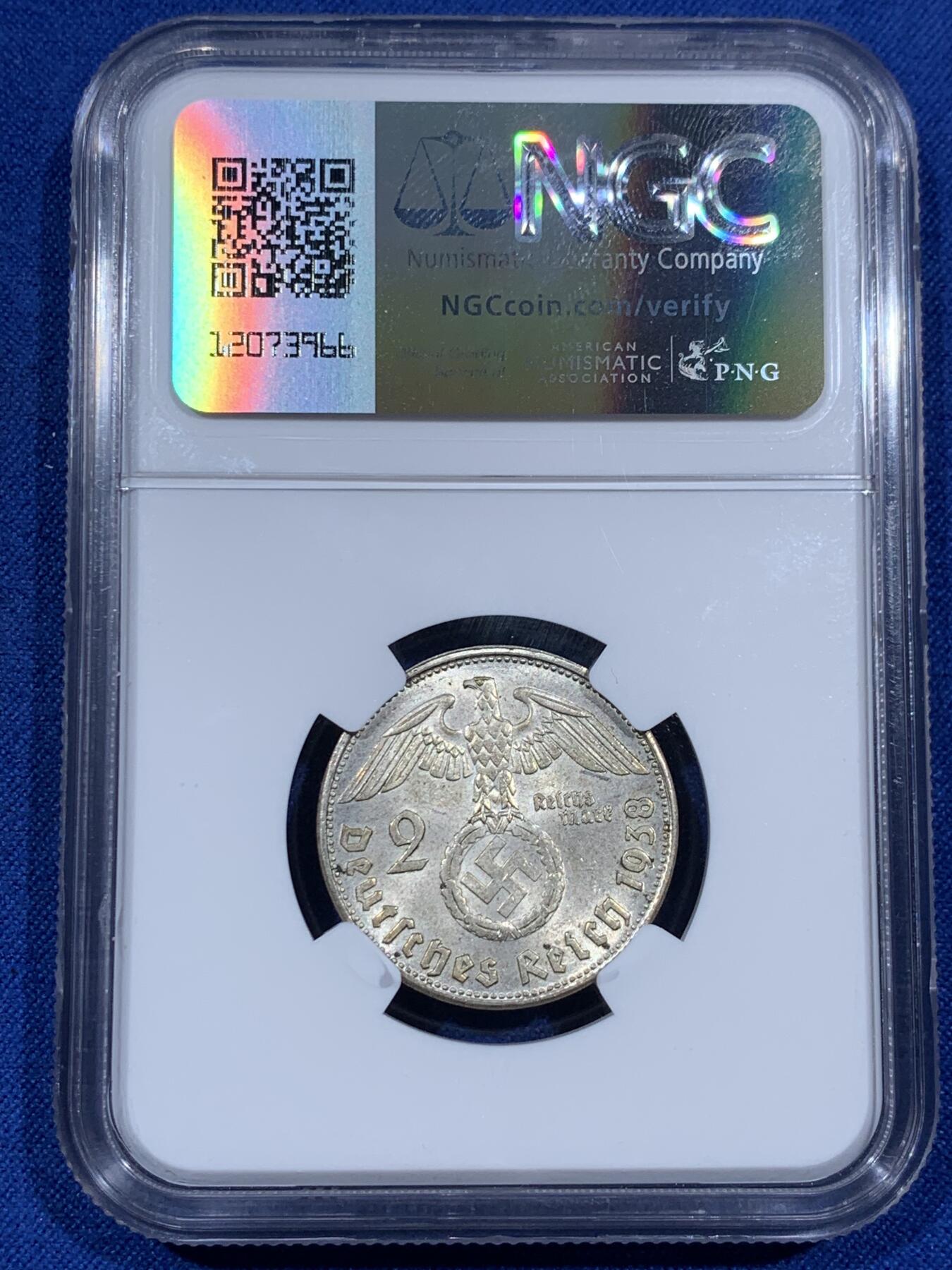 《竞宝斋》第381场 周日，周一 2场连拍 （全场包邮） NGC MS63 德国 1938B 兴登堡 2马克 银币