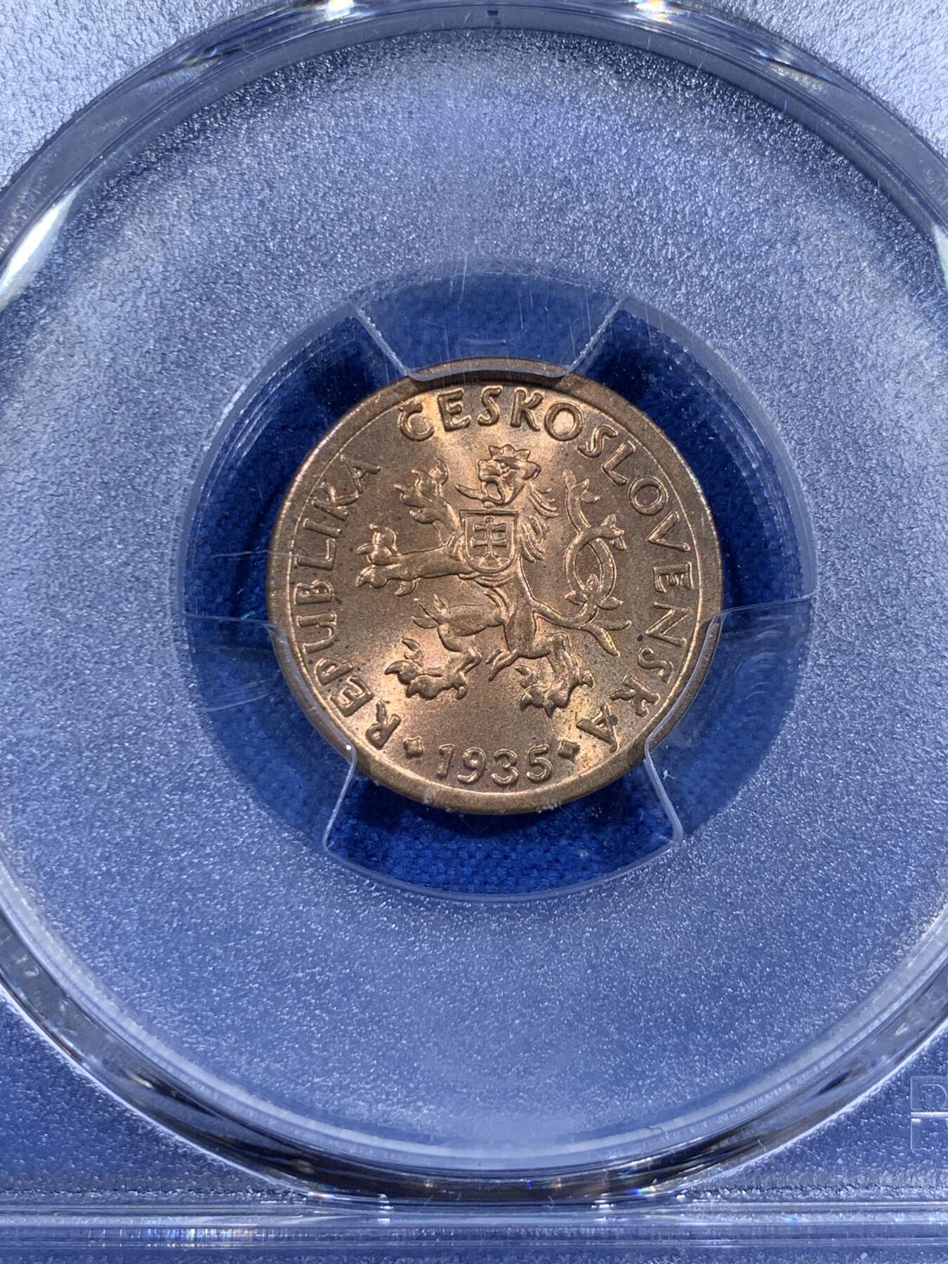 《竞宝斋》第381场 周日，周一 2场连拍 （全场包邮） PCGS MS64RD 捷克斯洛伐克1935年10Hal铜币