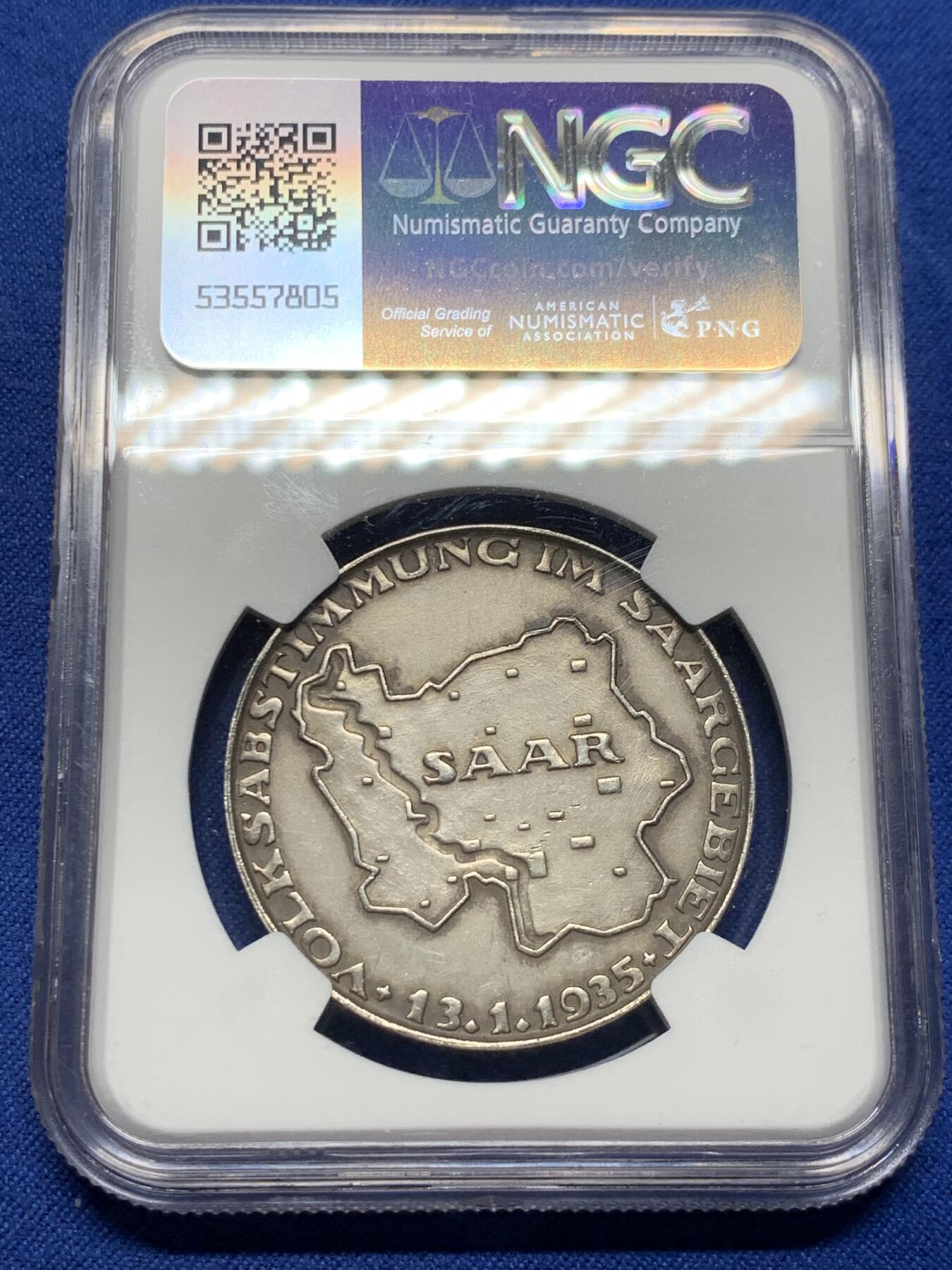 《竞宝斋》第381场 周日，周一 2场连拍 （全场包邮） NGC MS62 德国1935年萨尔区公投回归纪念银章 原味欧洲包浆