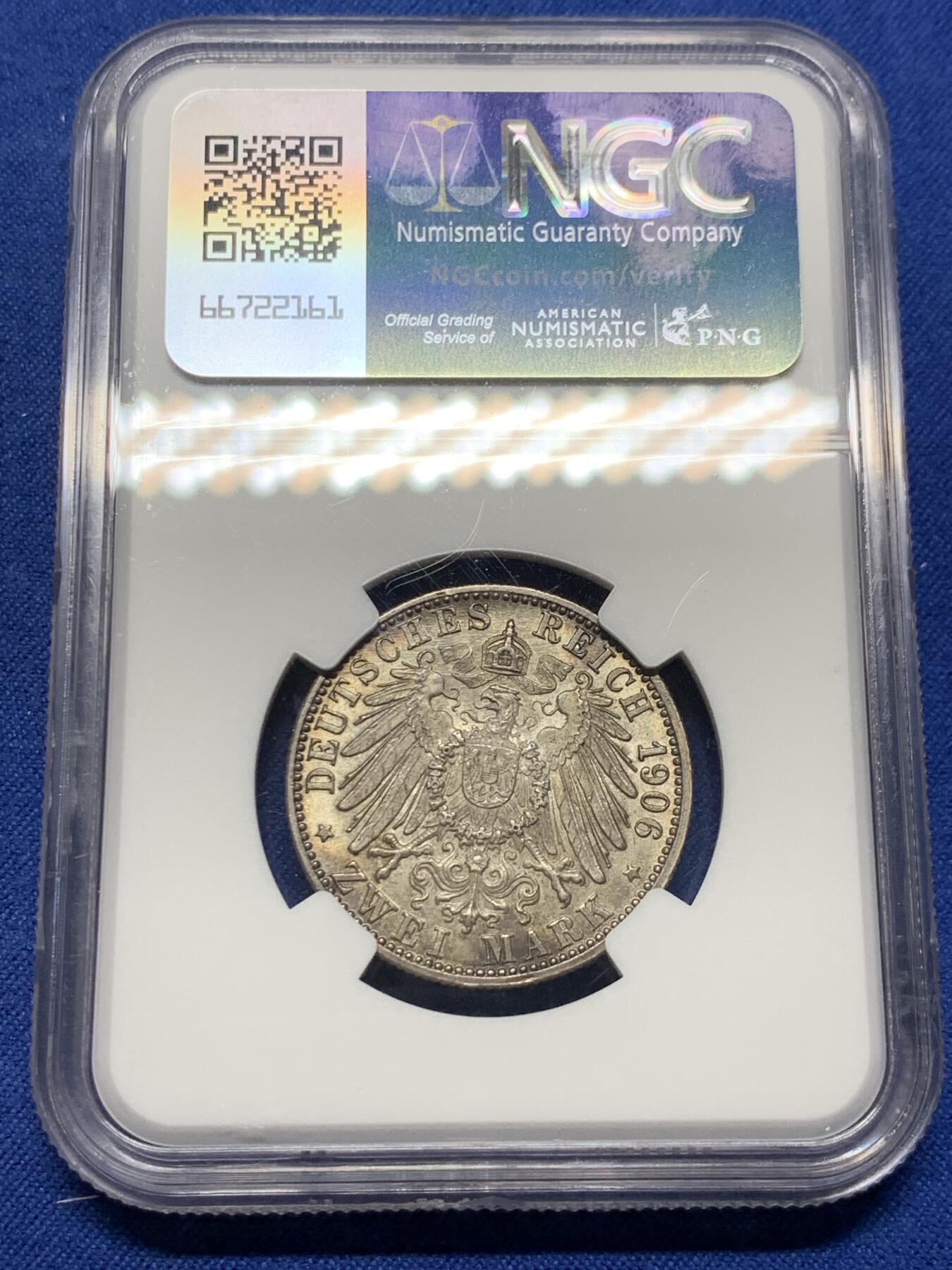 《竞宝斋》第381场 周日，周一 2场连拍 （全场包邮） NGC MS63 德国1906年巴登金婚2马克银币 深彩包浆 盒子角落有内裂纹