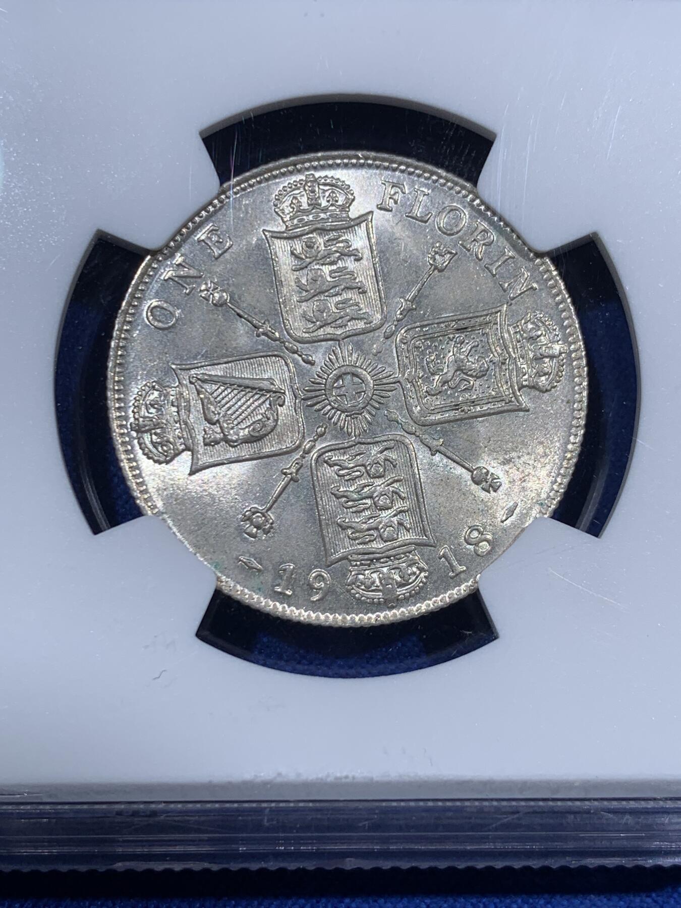 《竞宝斋》第381场 周日，周一 2场连拍 （全场包邮） NGC MS63 英国 1918年 乔治五世高银版1弗洛林银币