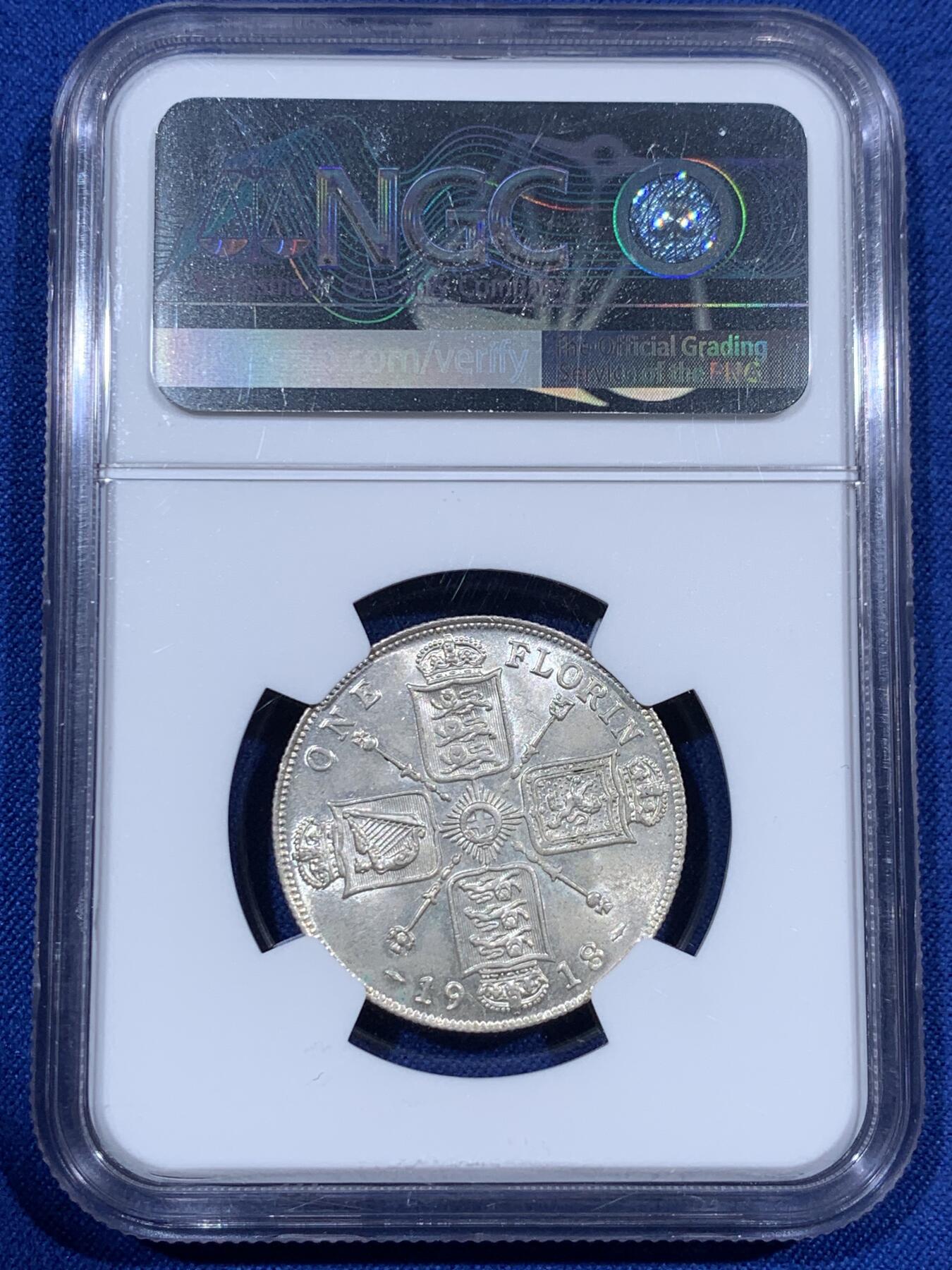 《竞宝斋》第381场 周日，周一 2场连拍 （全场包邮） NGC MS63 英国 1918年 乔治五世高银版1弗洛林银币