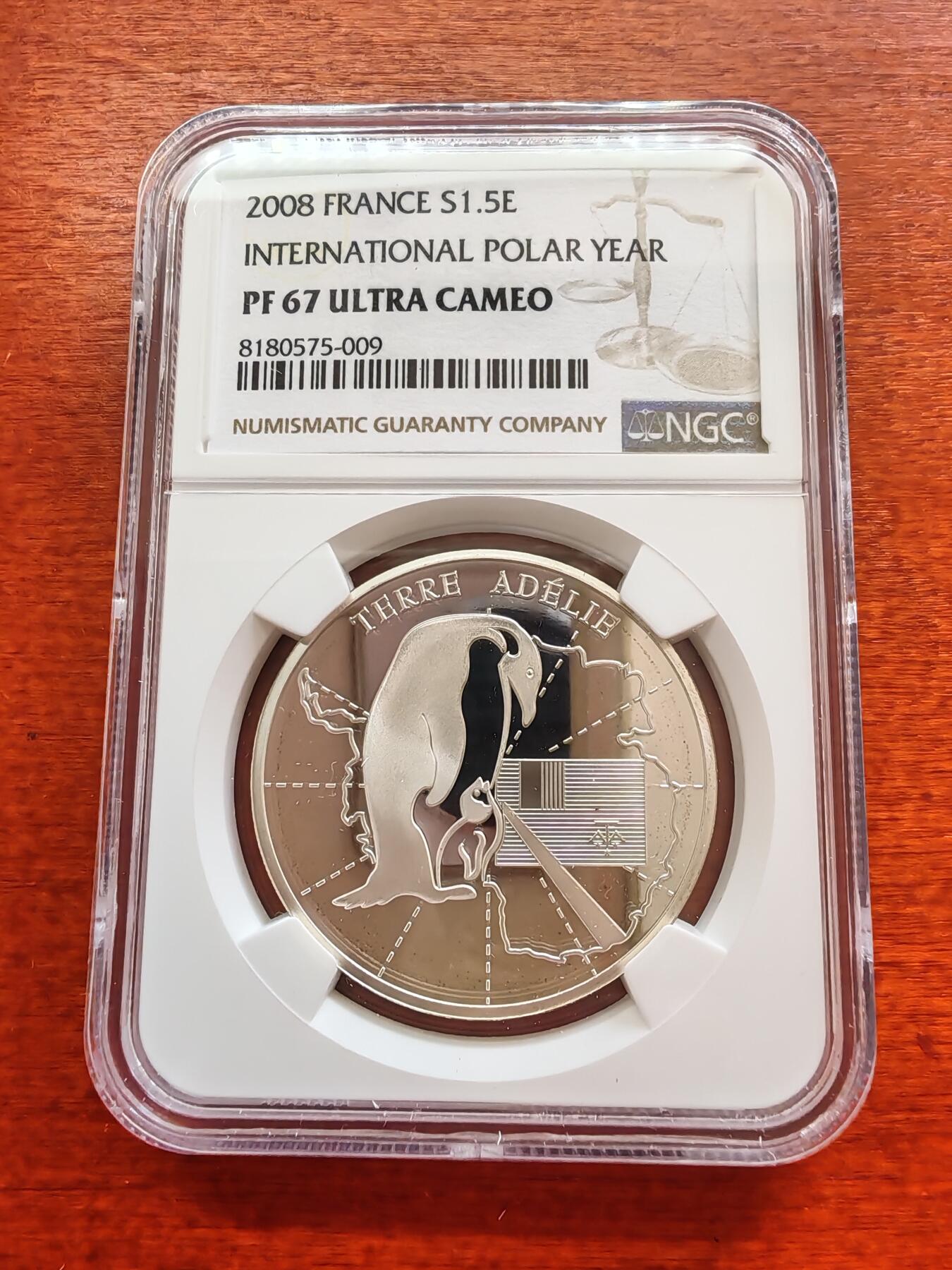 长老汇蛇年精选第十场拍卖 2008法国国际极地年1.5欧元精制银币，NGC PF67UC，3500多枚，更高4枚，少见