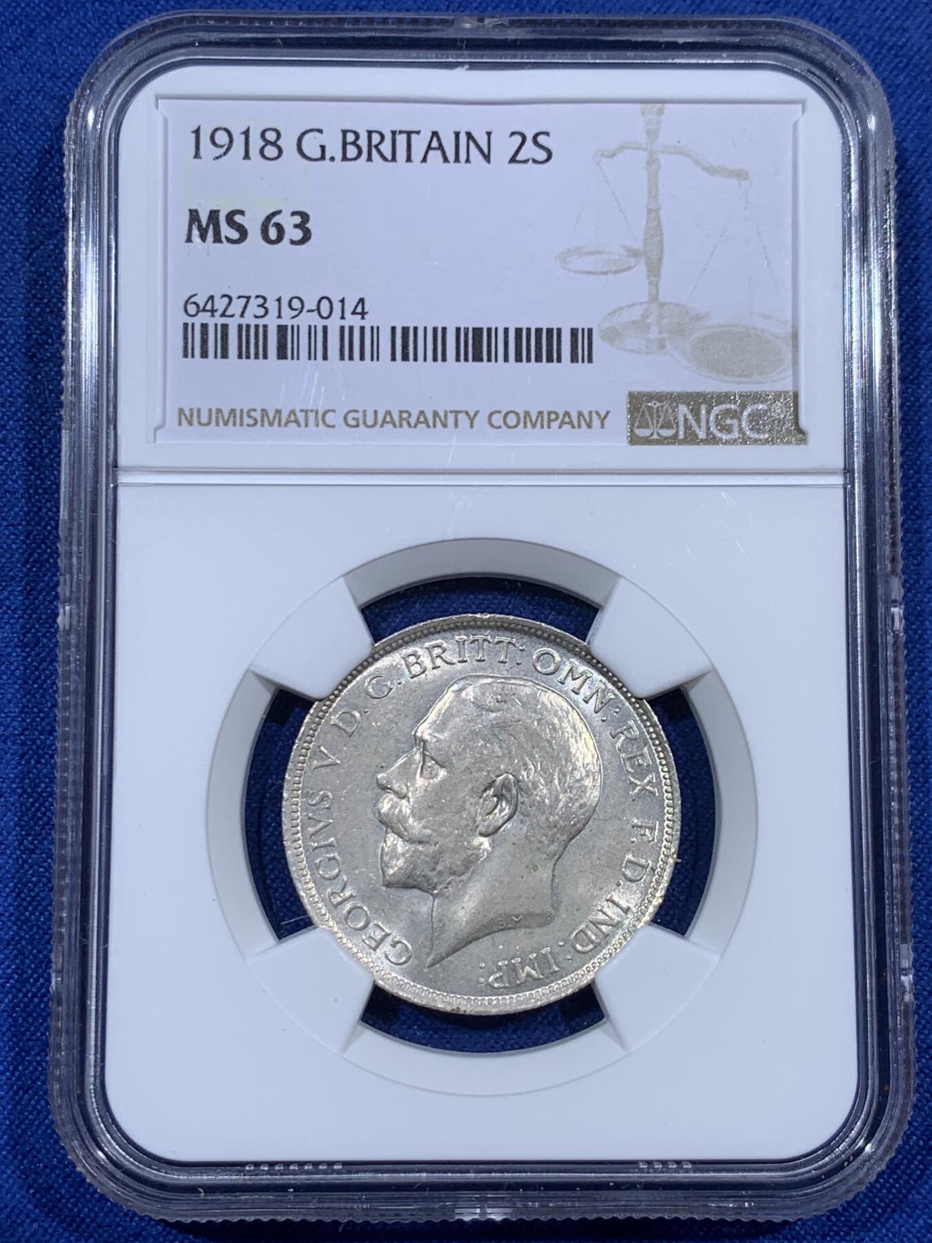 《竞宝斋》第381场 周日，周一 2场连拍 （全场包邮） NGC MS63 英国 1918年 乔治五世高银版1弗洛林银币