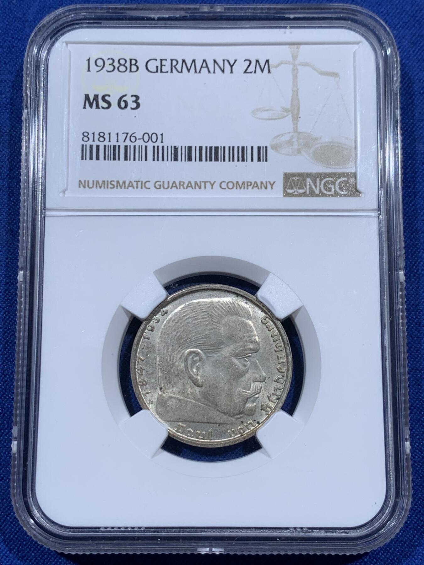 《竞宝斋》第381场 周日，周一 2场连拍 （全场包邮） NGC MS63 德国 1938B 兴登堡 2马克 银币