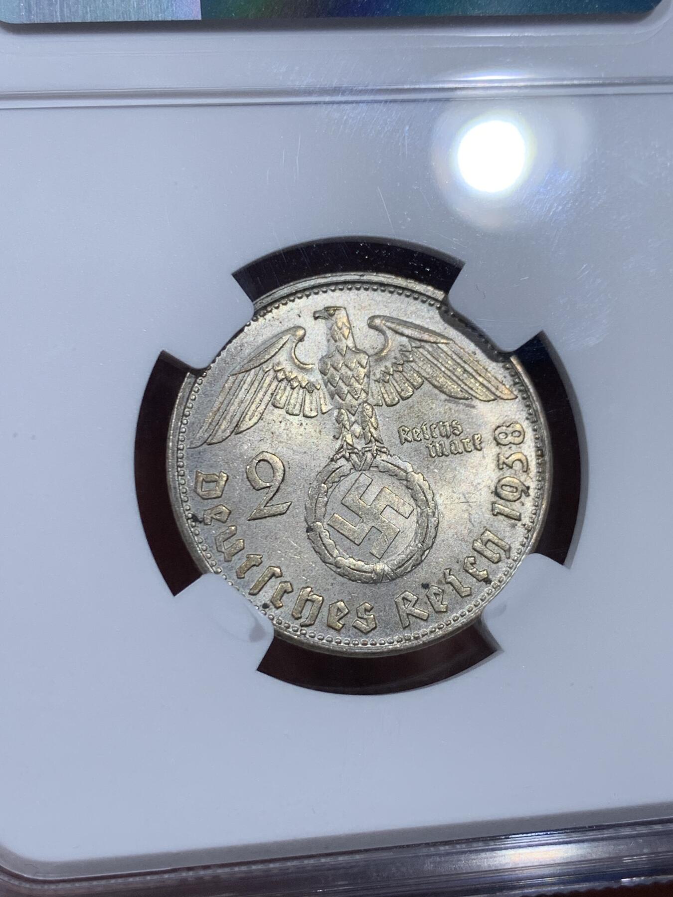 《竞宝斋》第381场 周日，周一 2场连拍 （全场包邮） NGC MS63 德国 1938B 兴登堡 2马克 银币