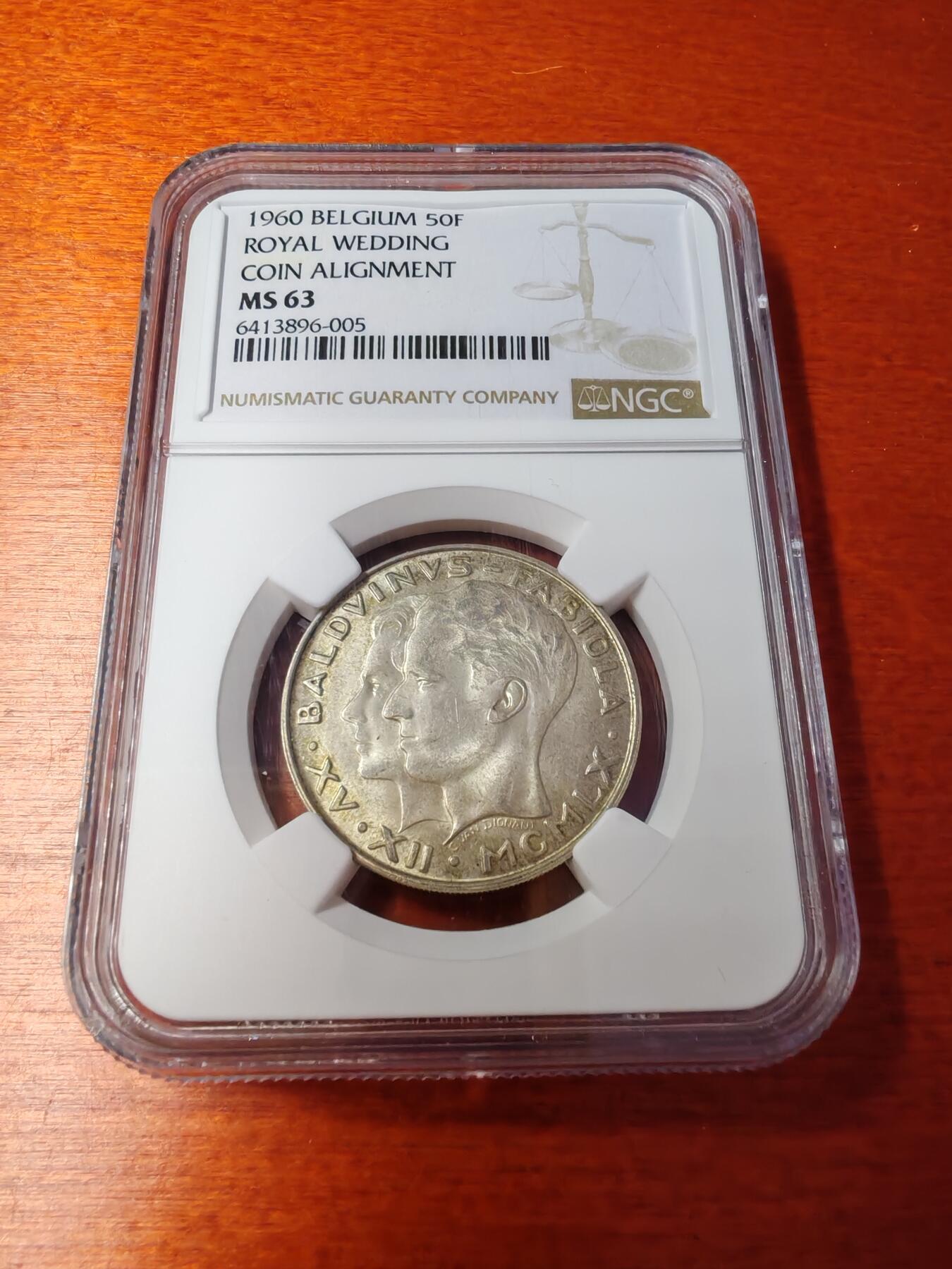 长老汇蛇年精选第十场拍卖 1960 比利时皇家婚礼50法郎银币，NGC MS63分，更高15枚。180元