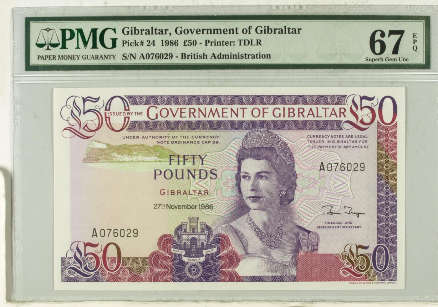 【礼羽收藏】🌏世界钱币拍卖第112期 【A076029】1986直布罗陀50镑 纸钞 A冠 Gibraltar / British Administration, £50 1986 - Printer: TDLR - Wmk: Queen
