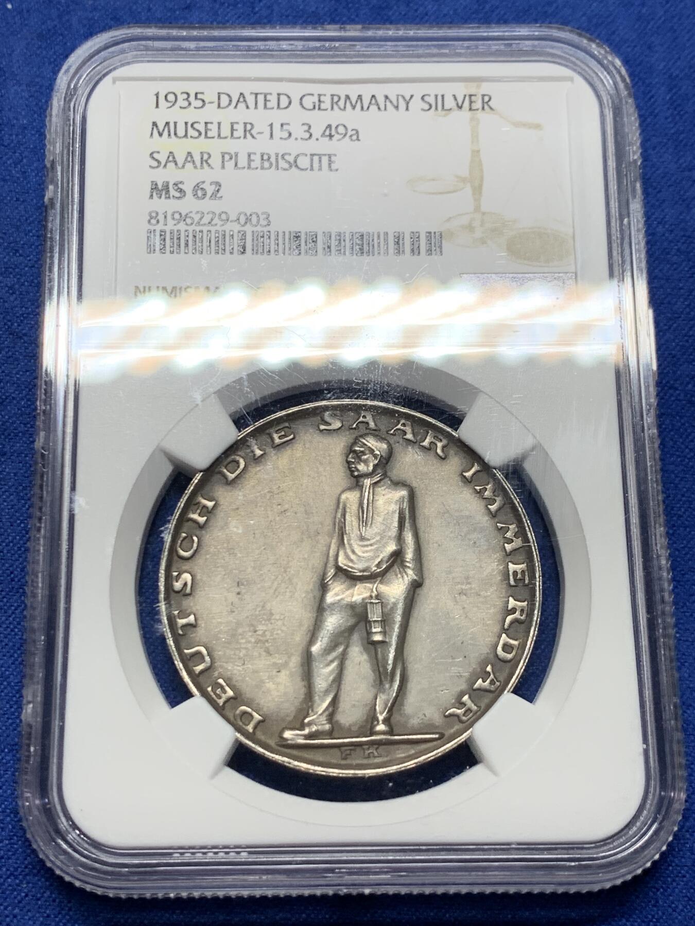 《竞宝斋》第381场 周日，周一 2场连拍 （全场包邮） NGC MS62 德国1935年萨尔区公投回归纪念银章 原味欧洲包浆