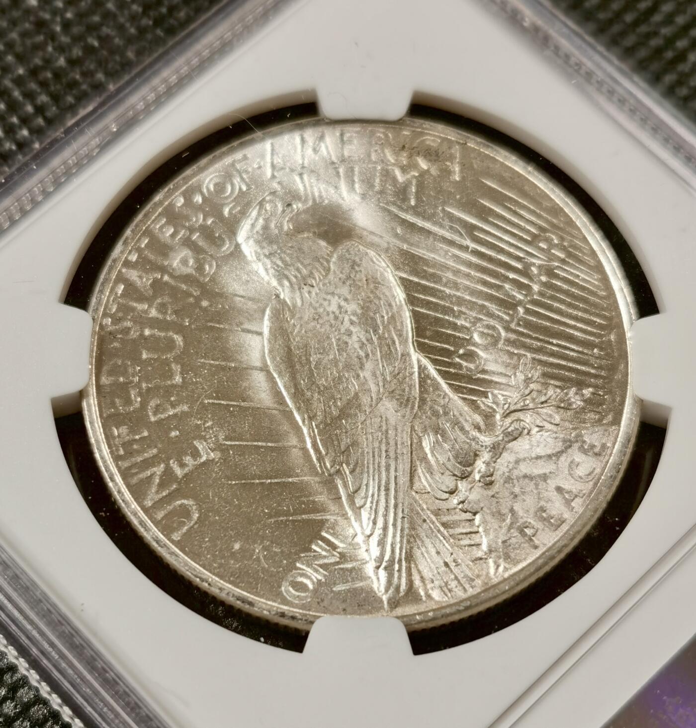  甄臻铺-美国银币专场-世界币章拍卖（第17期），送拍享返佣金等优惠多多 NGC-MS64 1922年美国和平银币，流水转光