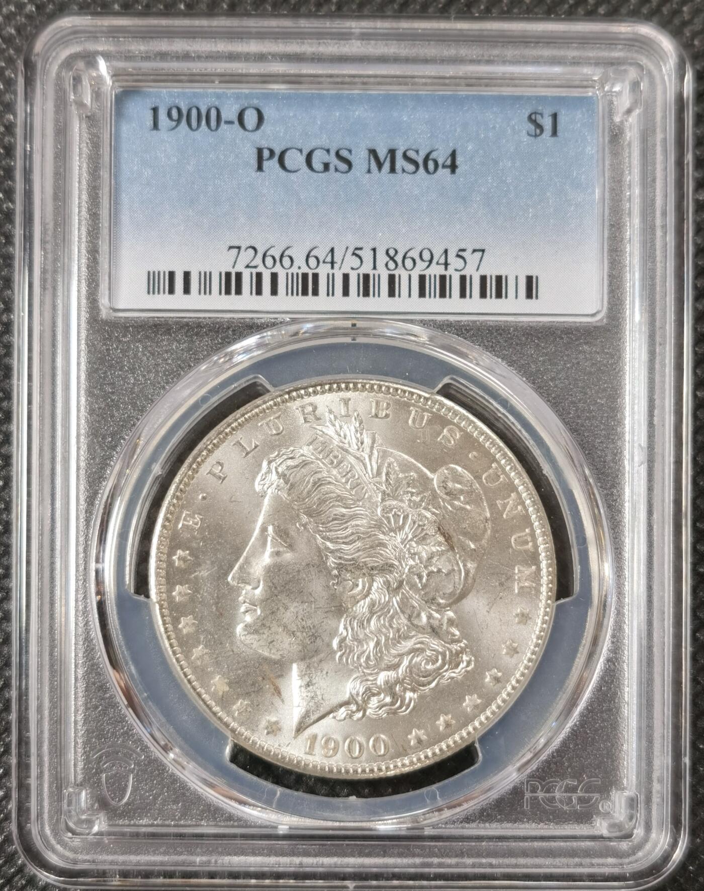  甄臻铺-美国银币专场-世界币章拍卖（第17期），送拍享返佣金等优惠多多 PCGS-MS64 1900年O版摩根，较少见版本