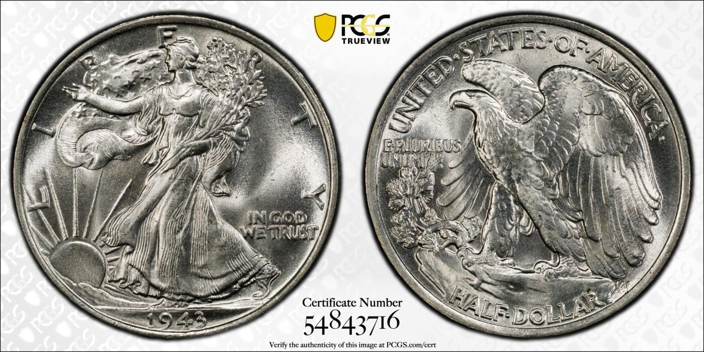  甄臻铺-美国银币专场-世界币章拍卖（第17期），送拍享返佣金等优惠多多 PCGS-MS66 1943年美国行走女神半美元银币，少见高分