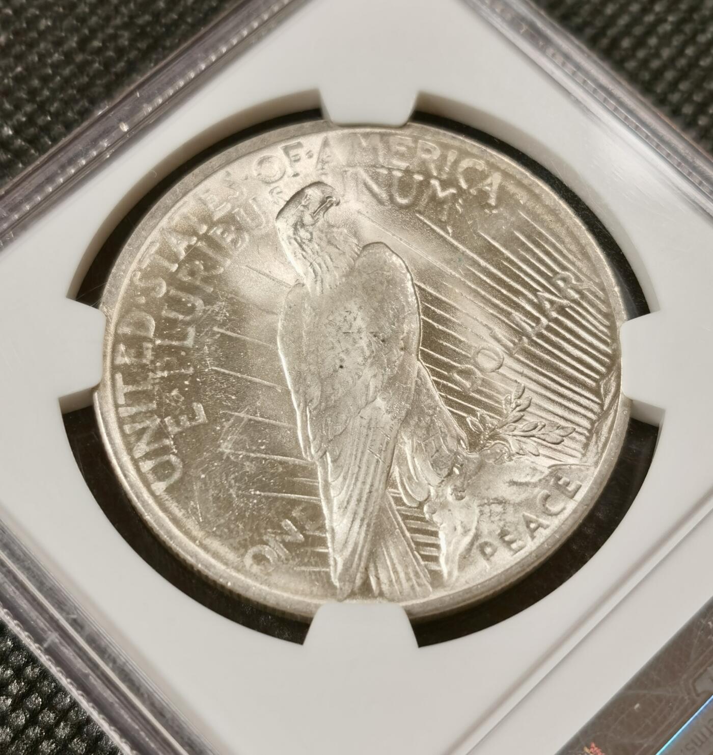  甄臻铺-美国银币专场-世界币章拍卖（第17期），送拍享返佣金等优惠多多 NGC-MS65 1923年美国和平银币，圆润包浆，老盒子，65分的少见