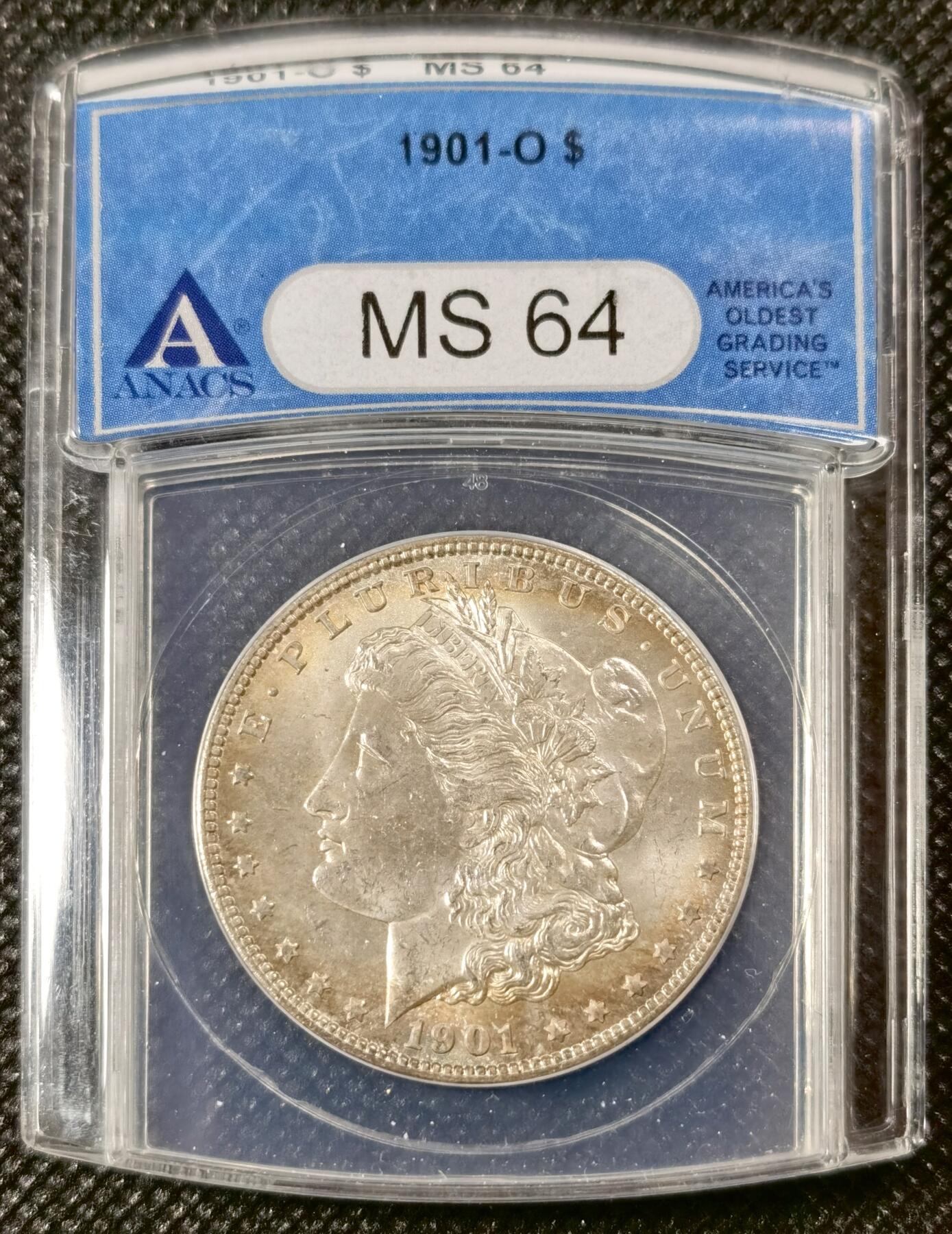  甄臻铺-美国银币专场-世界币章拍卖（第17期），送拍享返佣金等优惠多多 ANACS-MS64 1901年O版美国摩根，极美环五彩包浆