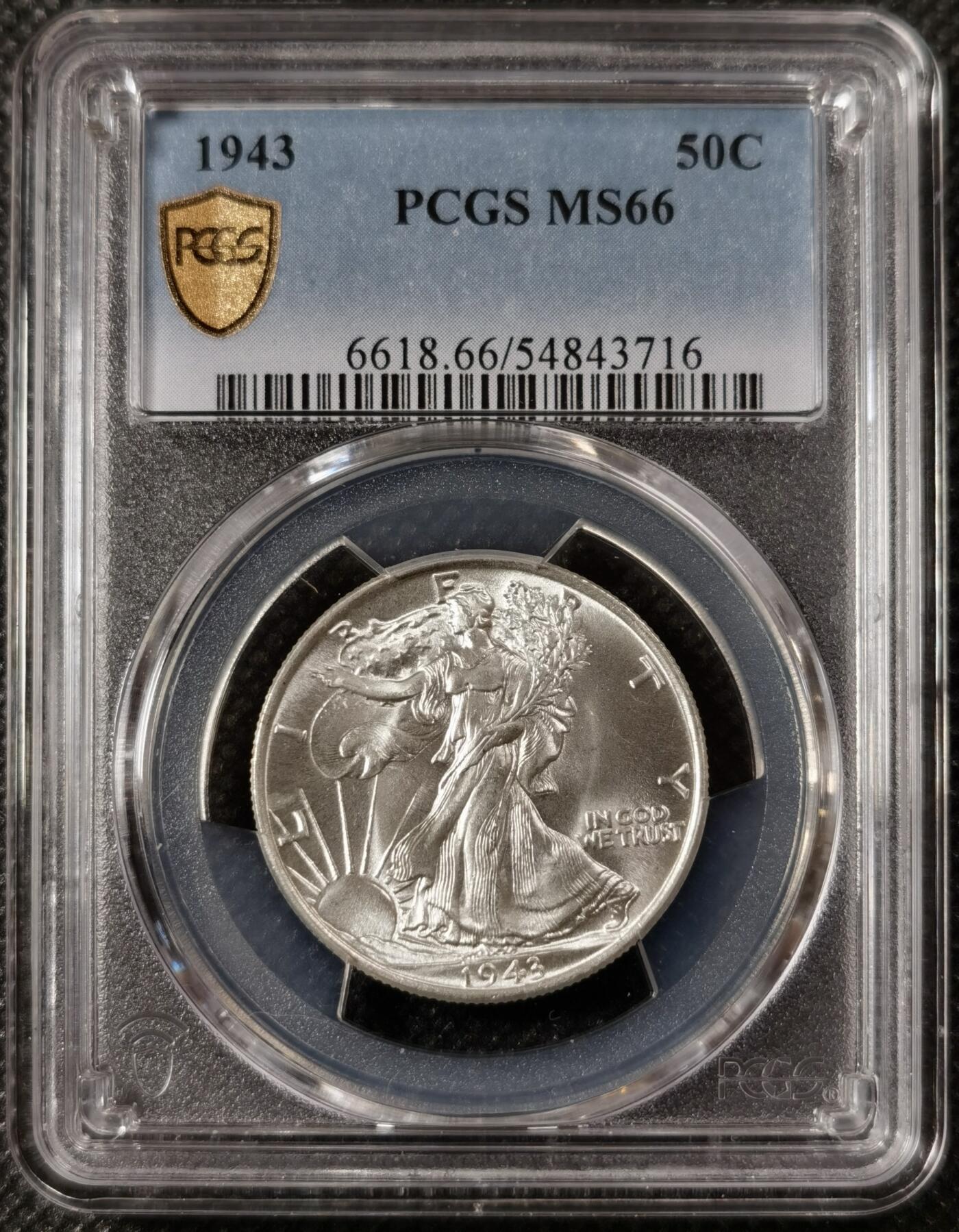  甄臻铺-美国银币专场-世界币章拍卖（第17期），送拍享返佣金等优惠多多 PCGS-MS66 1943年美国行走女神半美元银币，少见高分