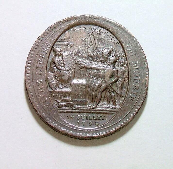 法国1792年 大革命莫奈龙5索尔高浮雕大铜币章 40MM