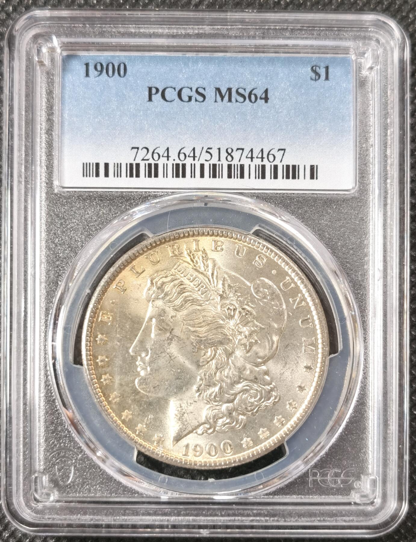  甄臻铺-美国银币专场-世界币章拍卖（第17期），送拍享返佣金等优惠多多 PCGS-MS64 1900年美国摩根银币，正面淡金色包浆