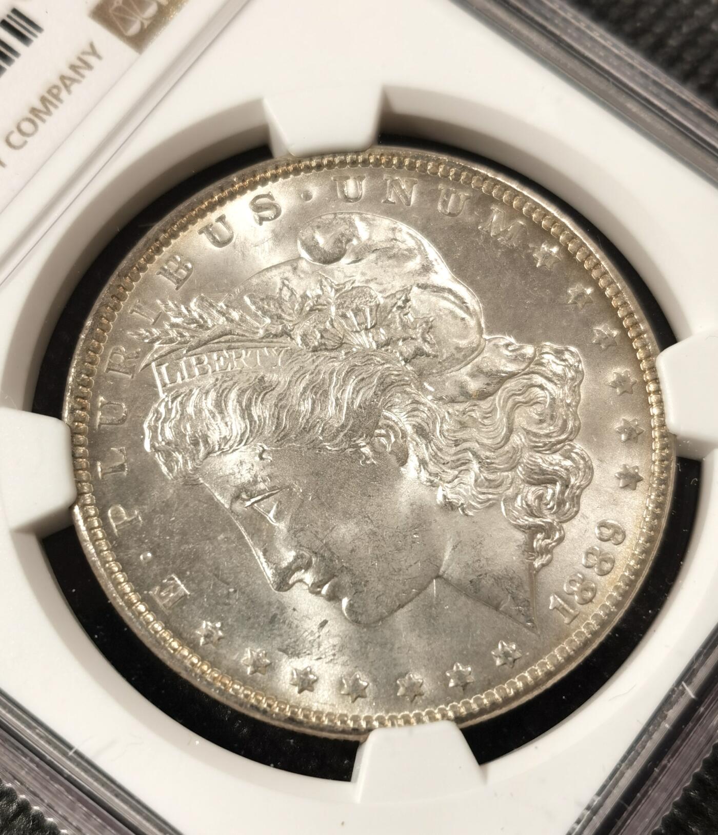  甄臻铺-美国银币专场-世界币章拍卖（第17期），送拍享返佣金等优惠多多 NGC-MS64 1889年美国摩根，淡淡环彩