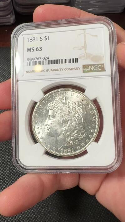  甄臻铺-美国银币专场-世界币章拍卖（第17期），送拍享返佣金等优惠多多 NGC-MS63 1881年S版摩根，镜面质感，目测低评