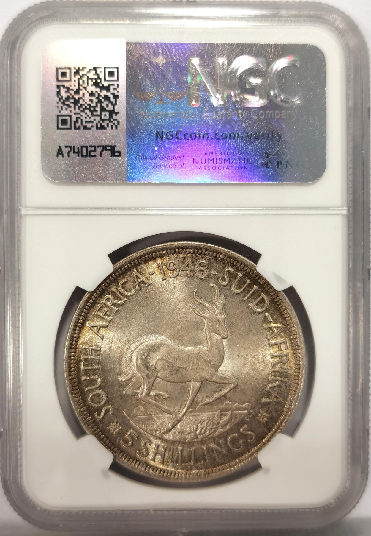 博洋堂世界钱币拍卖第123期（全场包邮） NGC MS62 南非1948年乔治六世5先令克朗型大银币，高银版，五彩转光好品。