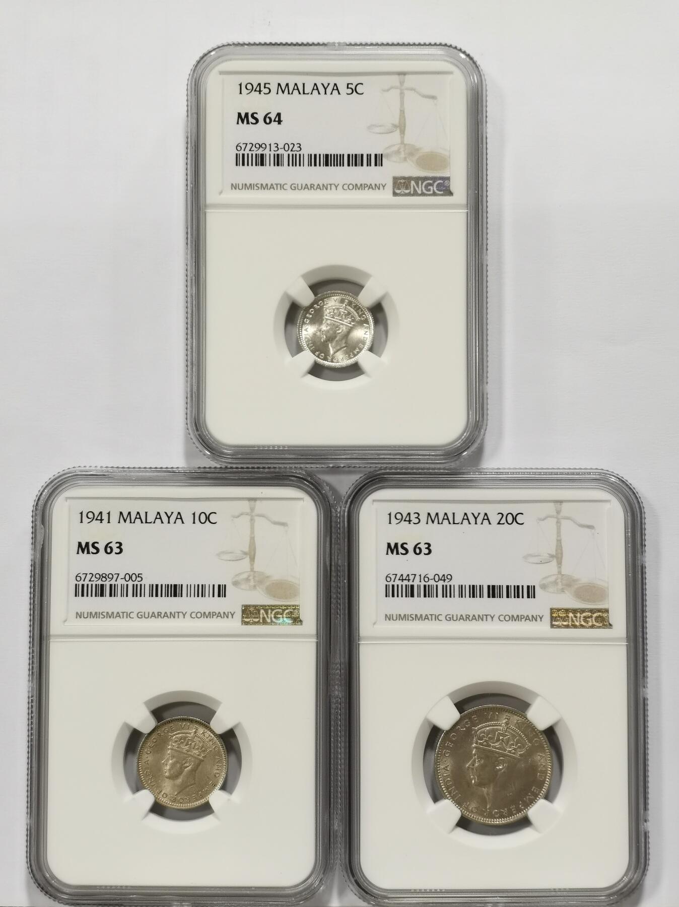 博洋堂世界钱币拍卖第123期（全场包邮） NGC MS63/64 英属马来亚1941-45年乔治五世5C、10C、20C银币三枚一组