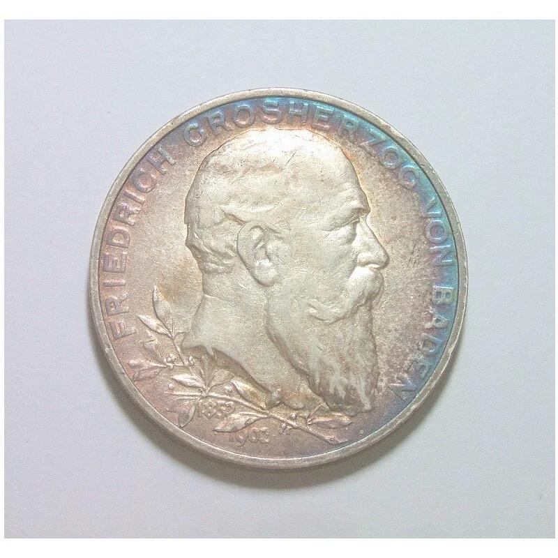 【银】德国巴登1902年 腓特烈一世登基50周年5马克大银币 难得五彩爽品