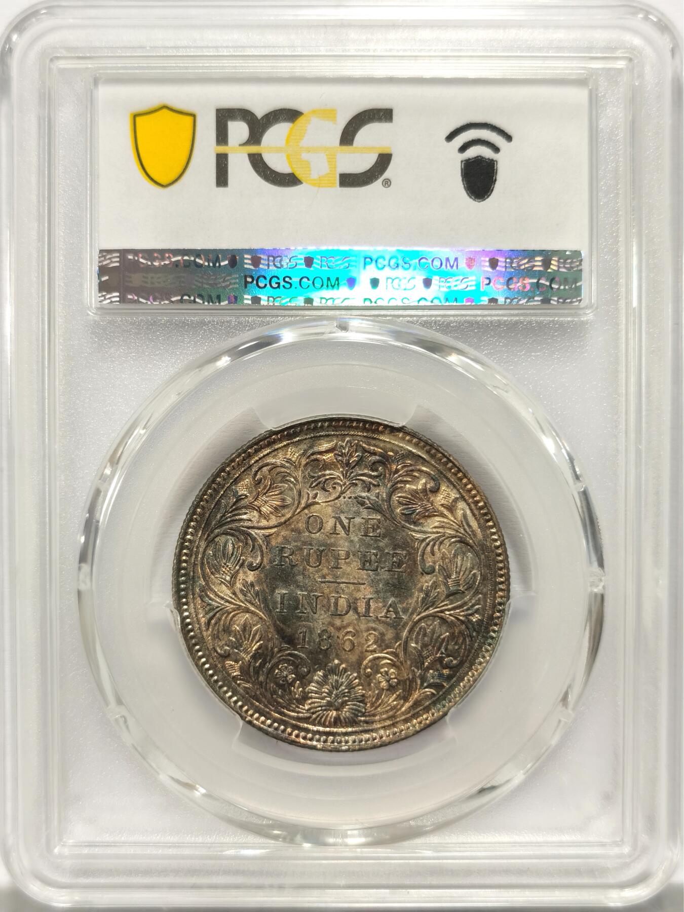 博洋堂世界钱币拍卖第123期（全场包邮） PCGS MS62 英属印度1862年维多利亚1卢比银币，玫瑰金包浆