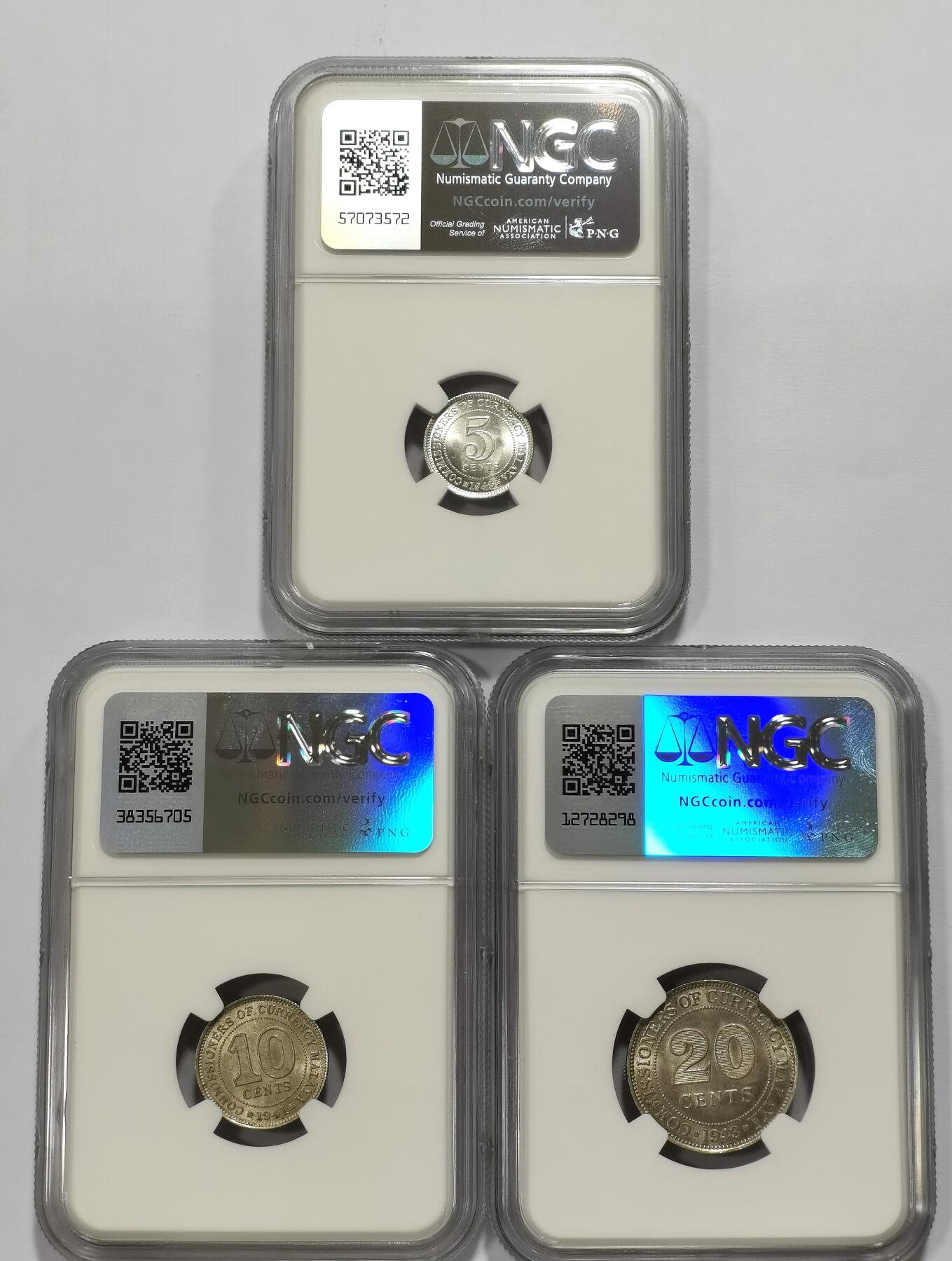 博洋堂世界钱币拍卖第123期（全场包邮） NGC MS63/64 英属马来亚1941-45年乔治五世5C、10C、20C银币三枚一组