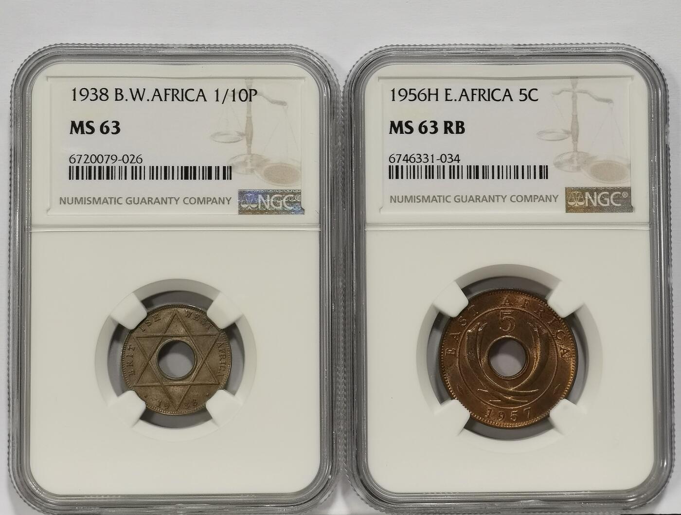 博洋堂世界钱币拍卖第123期（全场包邮） NGC MS63 英属西非1938年1/10便士、英属东非1956年5分中孔币2枚一组