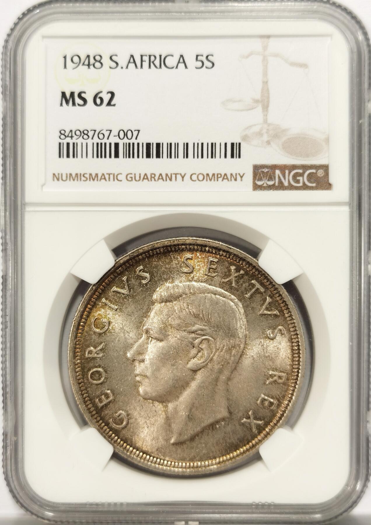 博洋堂世界钱币拍卖第123期（全场包邮） NGC MS62 南非1948年乔治六世5先令克朗型大银币，高银版，五彩转光好品。