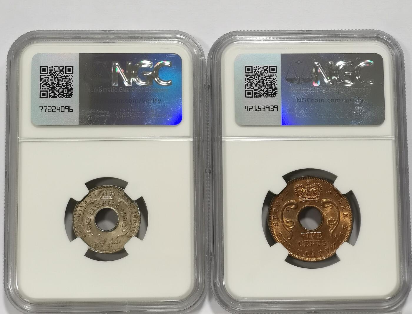 博洋堂世界钱币拍卖第123期（全场包邮） NGC MS63 英属西非1938年1/10便士、英属东非1956年5分中孔币2枚一组