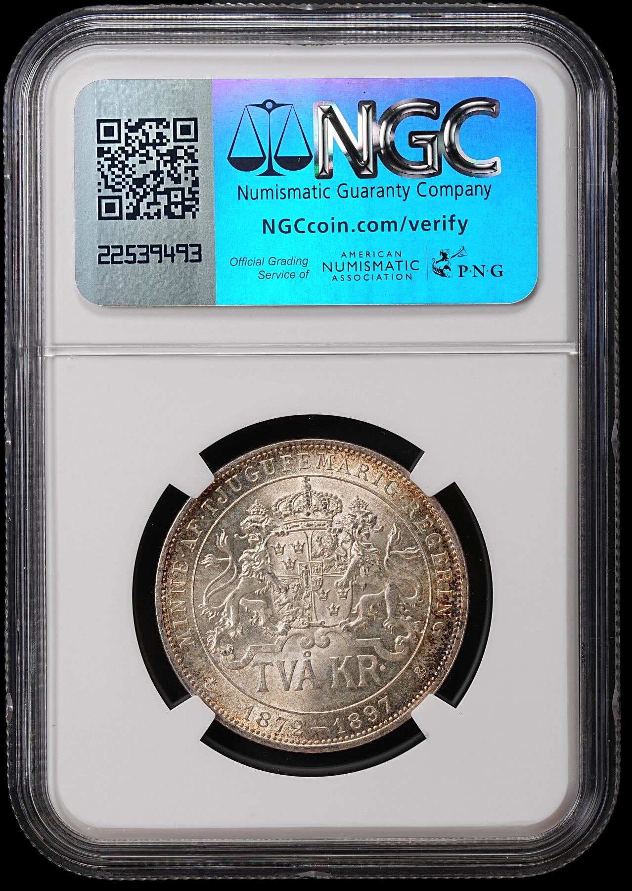 修遠堂世界钱币第七十期 NGC MS64 1897年瑞典国王登基25周年纪念2克朗银币
