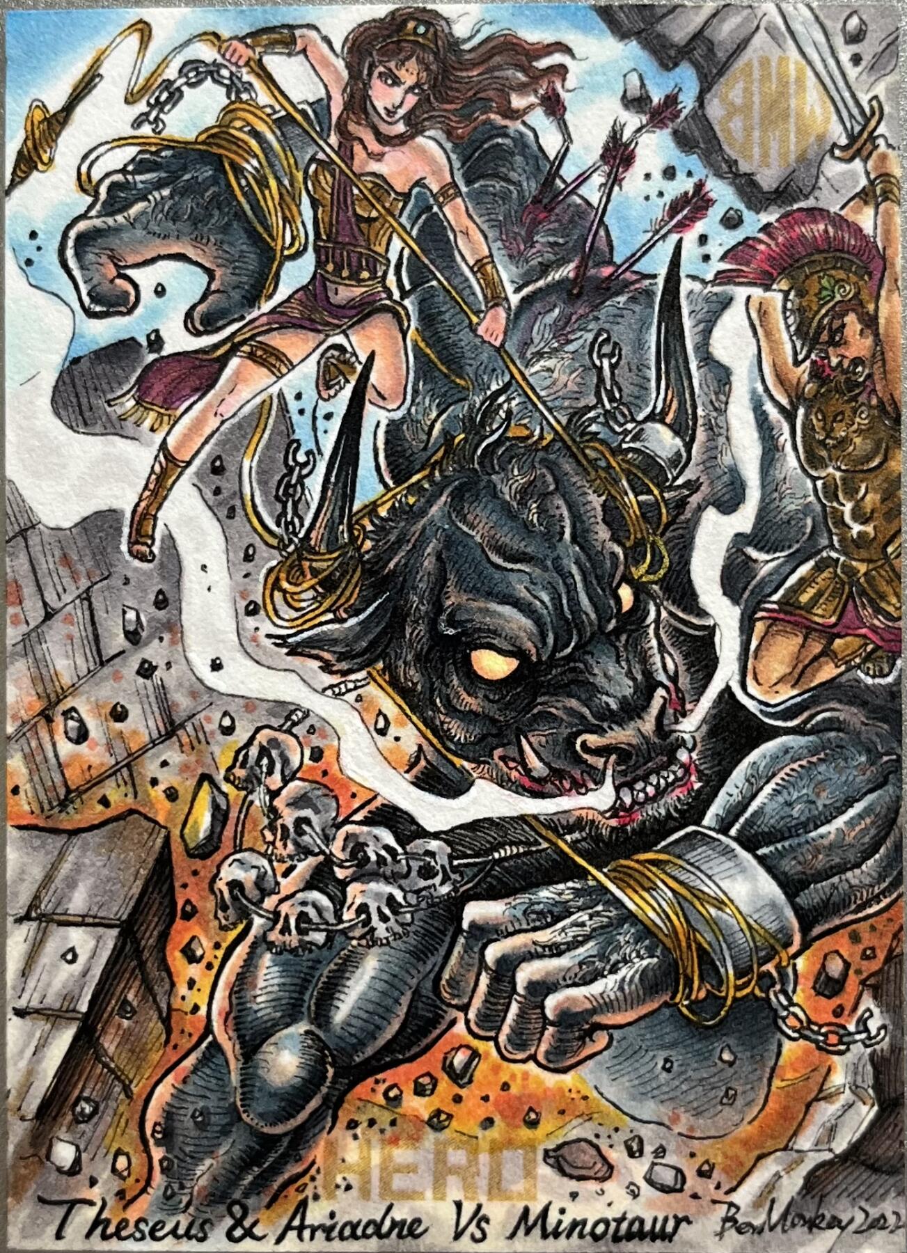 手绘卡 画师：不二猿 希腊神话三大名场面之一，阿里阿德涅协助忒修斯刺杀牛头怪弥诺陶诺斯 手绘卡 画师：不二猿 希腊神话三大名场面之一，阿里阿德涅协助忒修斯刺杀牛头怪弥诺陶诺斯