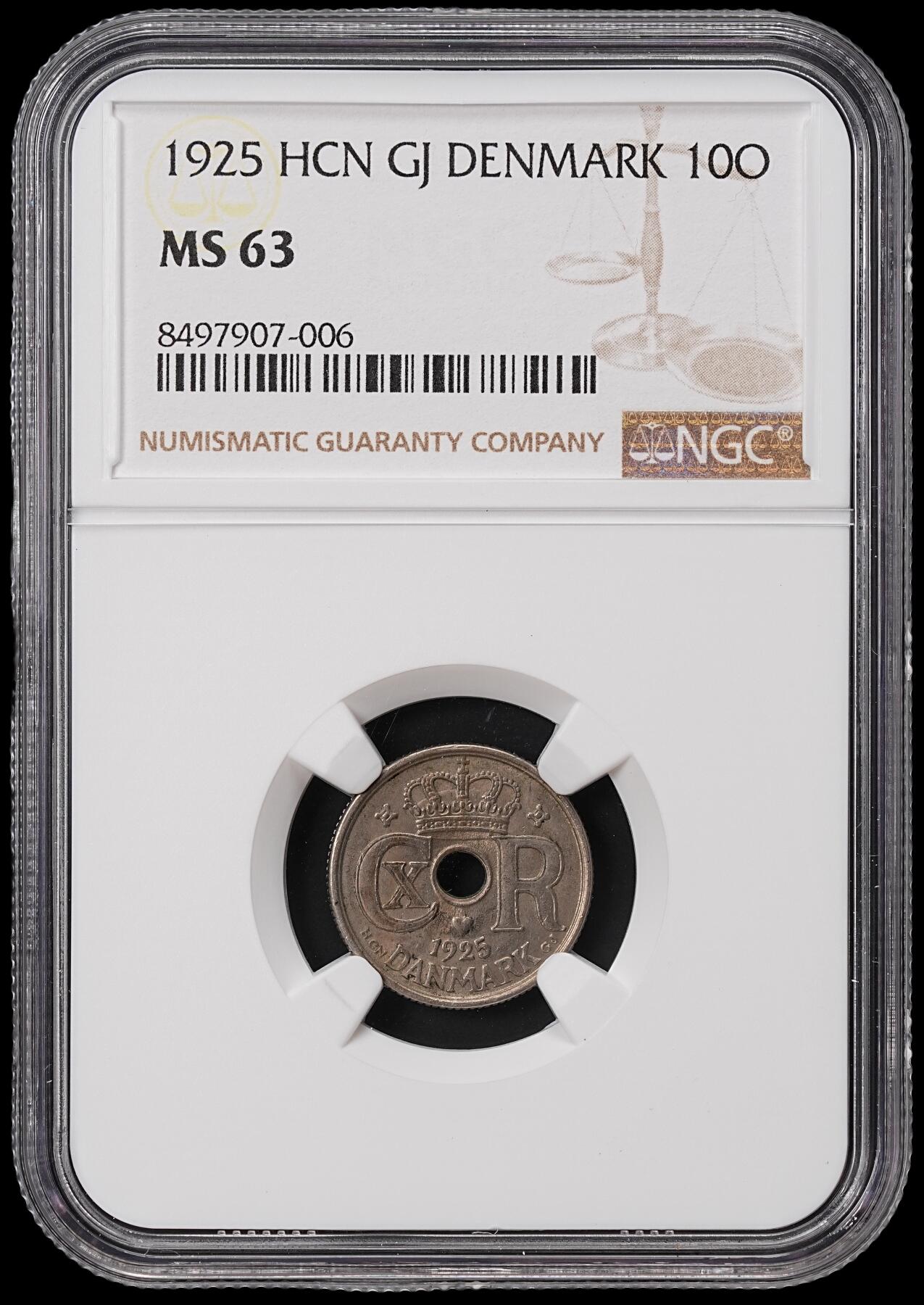 修遠堂世界钱币第七十期 NGC MS63 1925年丹麦中孔10欧尔