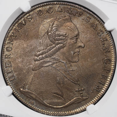 修遠堂世界钱币第七十期 - NGC MS62 1800年神圣罗马帝国-萨尔茨堡教区1泰勒大银币 一面棕色包浆，一面灰彩