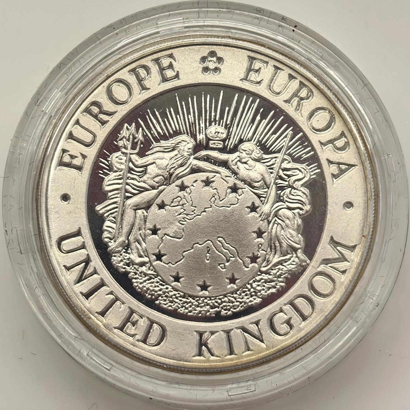 博洋堂世界钱币拍卖第123期（全场包邮） 英国1992年25欧洲货币单位 三女神 23克925银 发行量：2万5千 盒证全