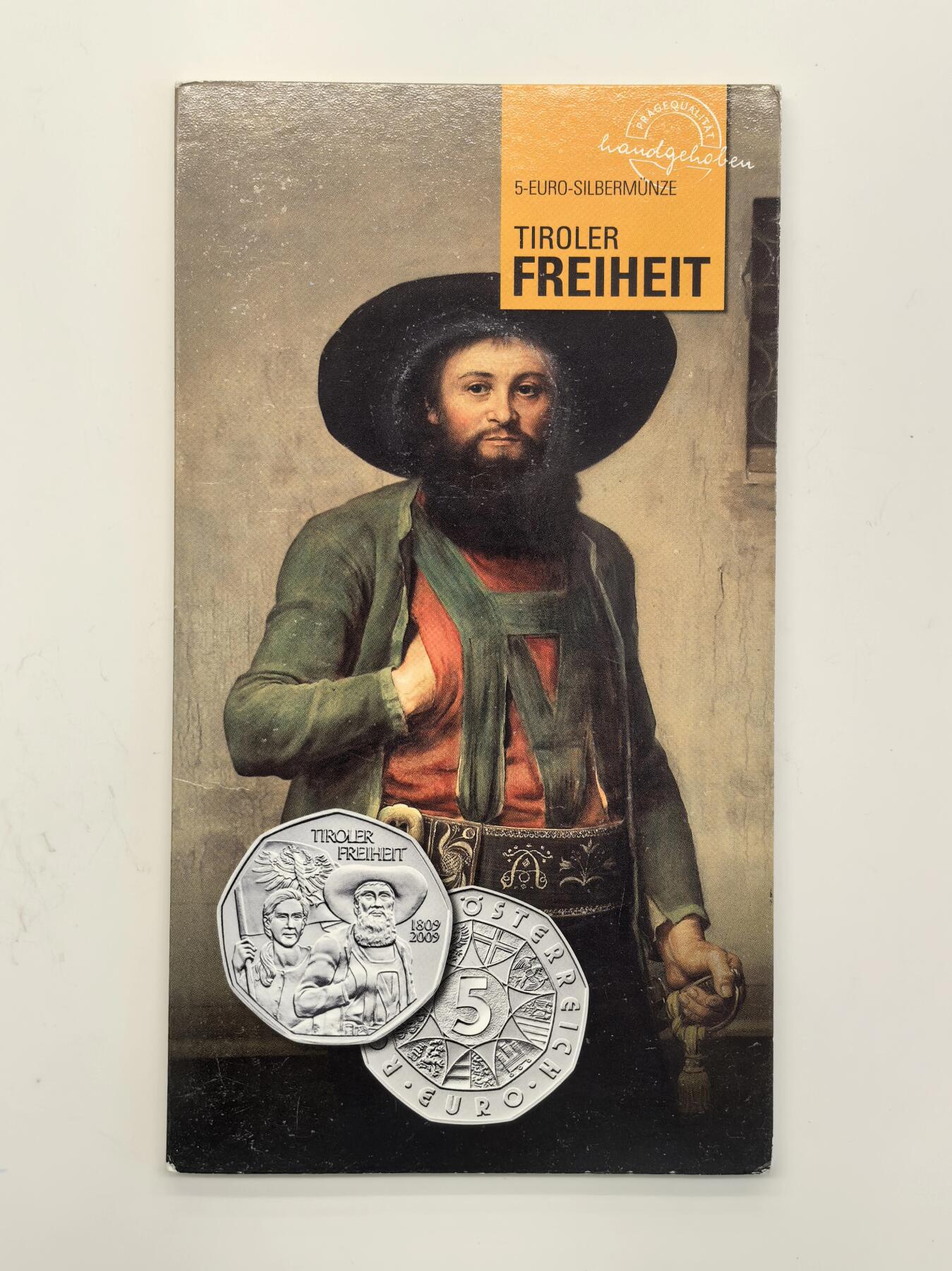 博洋堂世界钱币拍卖第123期（全场包邮） 奥地利2009年5欧元类精制银币 蒂罗尔自由 10克800银 发行量：10万 卡装