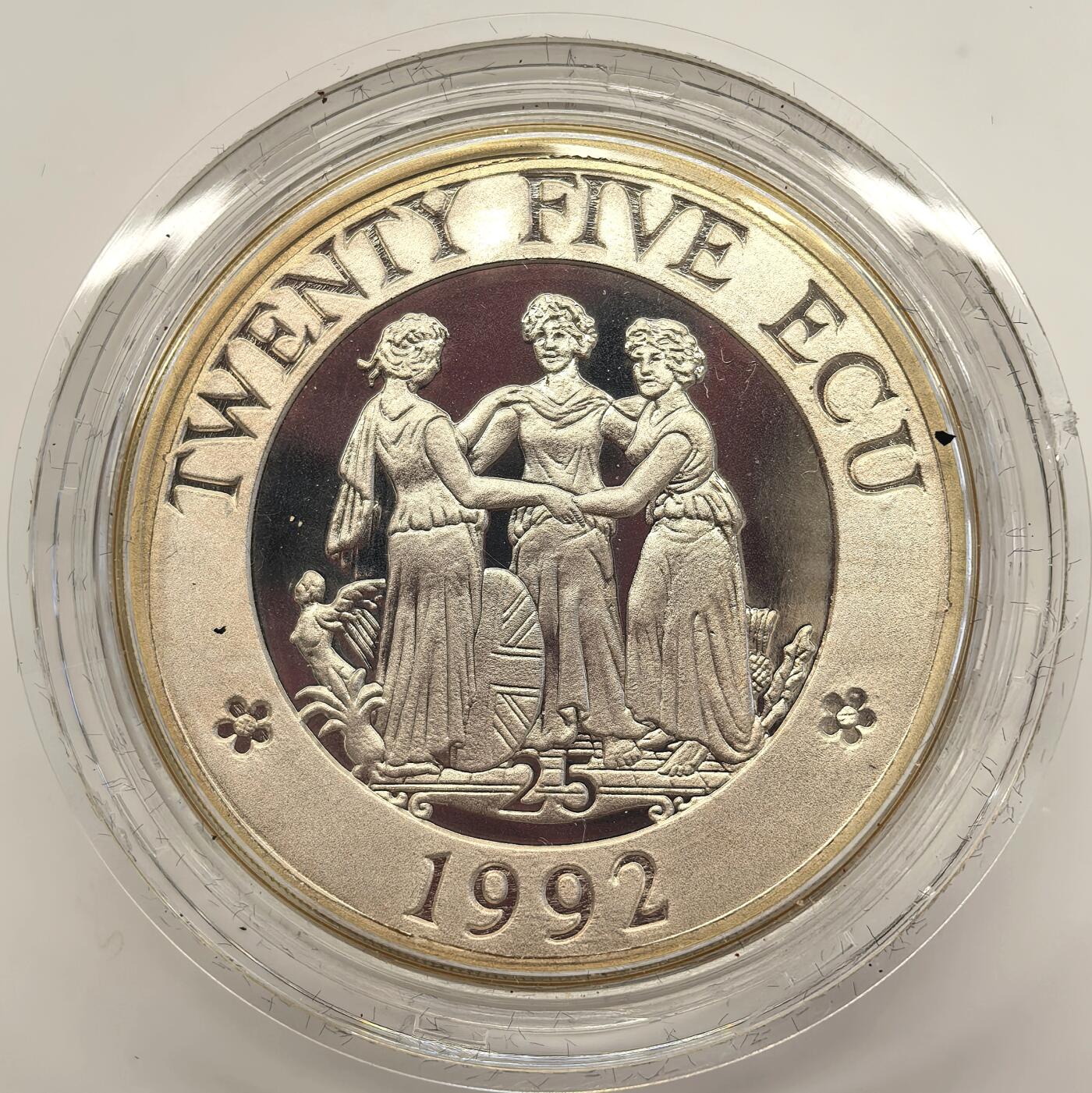 博洋堂世界钱币拍卖第123期（全场包邮） 英国1992年25欧洲货币单位 三女神 23克925银 发行量：2万5千 盒证全