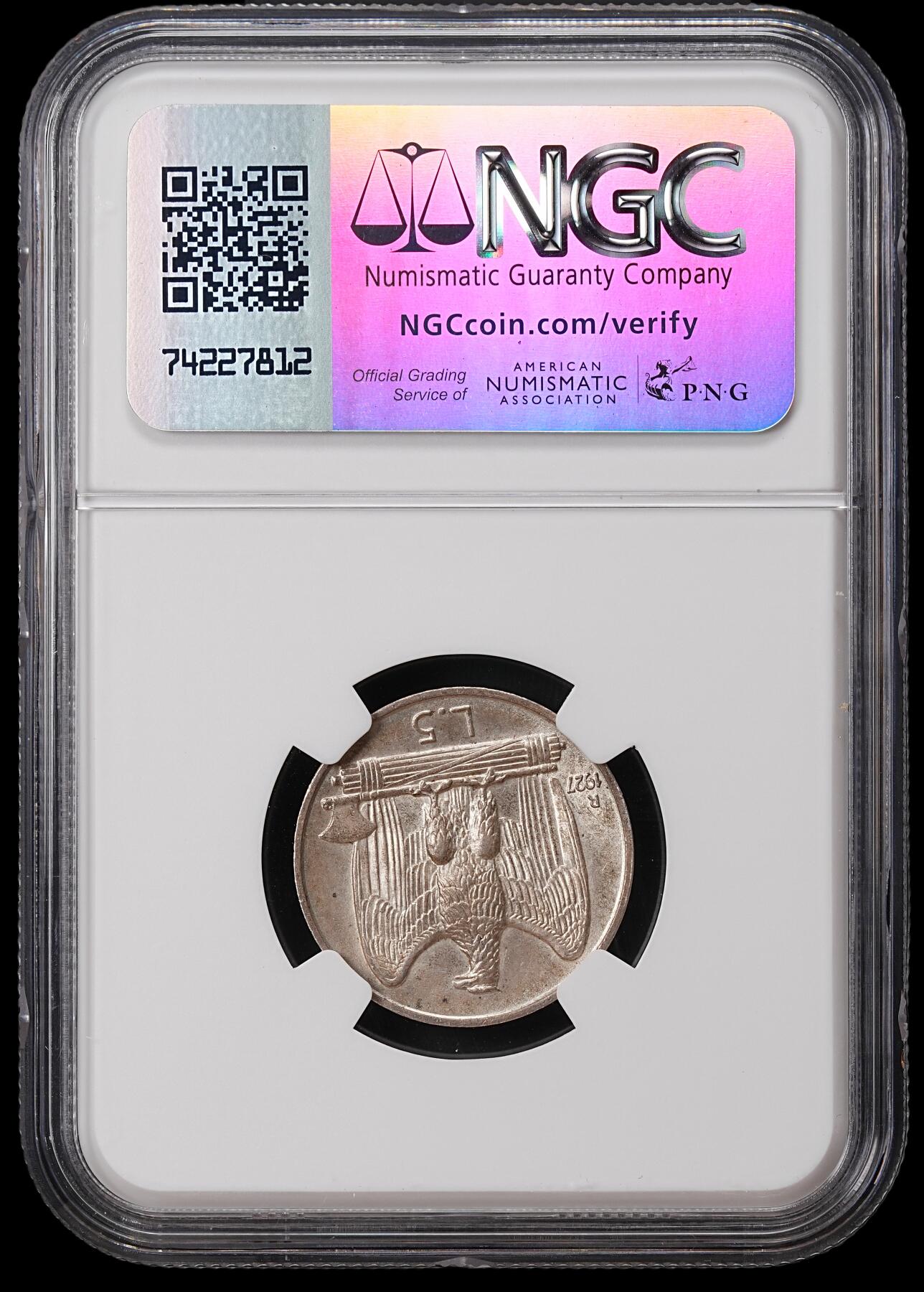 修遠堂世界钱币第七十期 NGC MS64 1927年意大利5里拉
