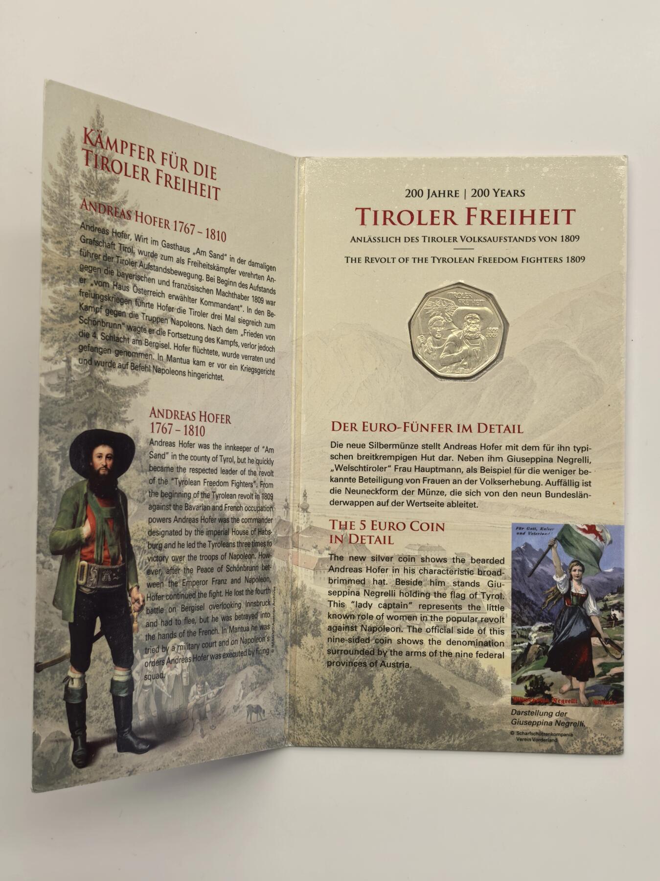 博洋堂世界钱币拍卖第123期（全场包邮） 奥地利2009年5欧元类精制银币 蒂罗尔自由 10克800银 发行量：10万 卡装