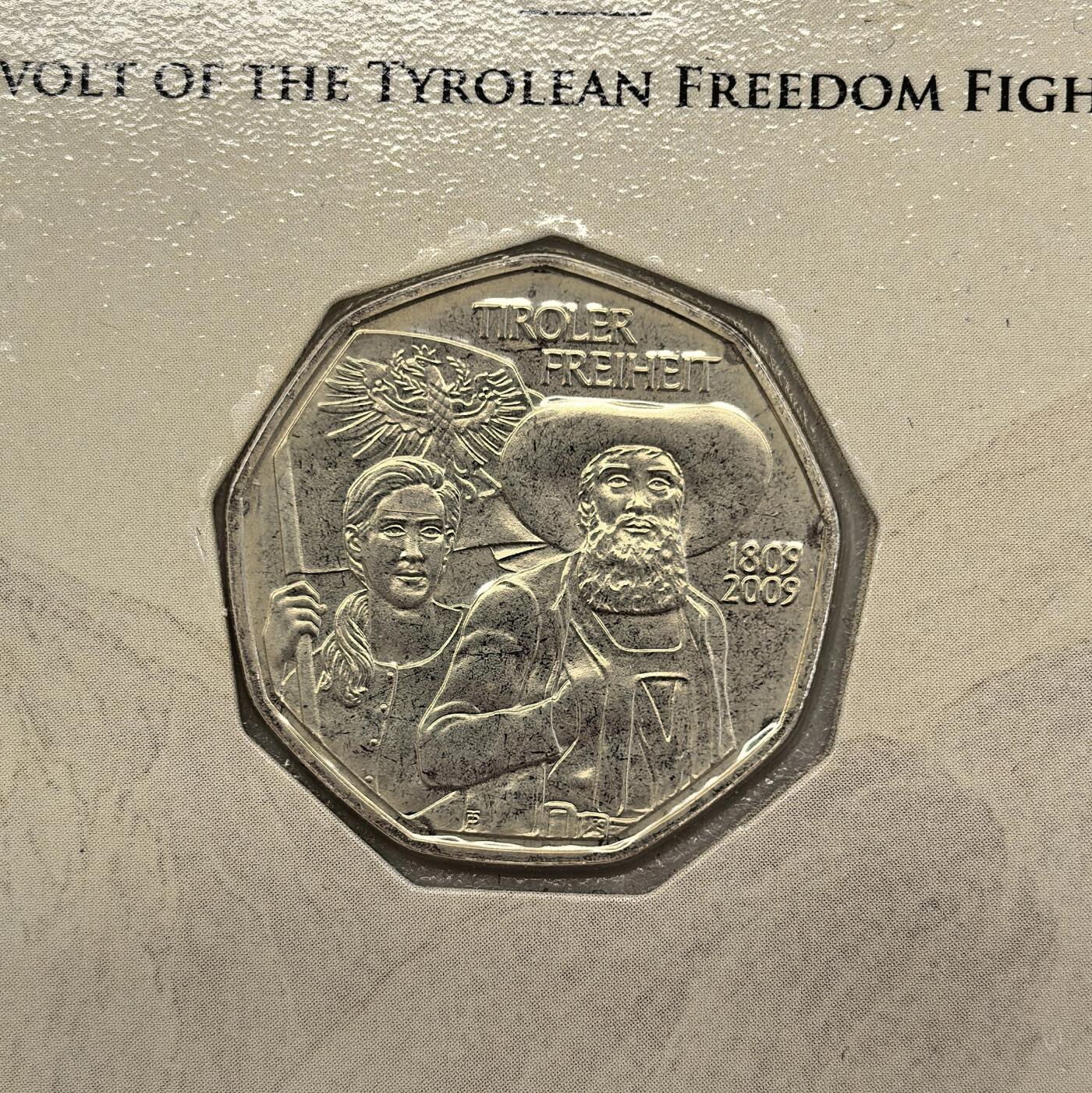 博洋堂世界钱币拍卖第123期（全场包邮） 奥地利2009年5欧元类精制银币 蒂罗尔自由 10克800银 发行量：10万 卡装