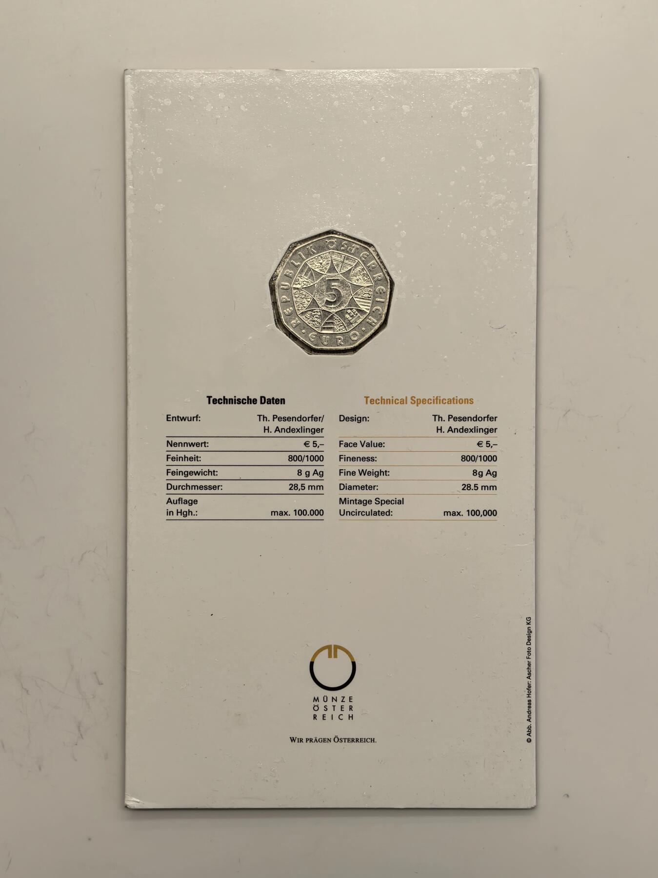 博洋堂世界钱币拍卖第123期（全场包邮） 奥地利2009年5欧元类精制银币 蒂罗尔自由 10克800银 发行量：10万 卡装