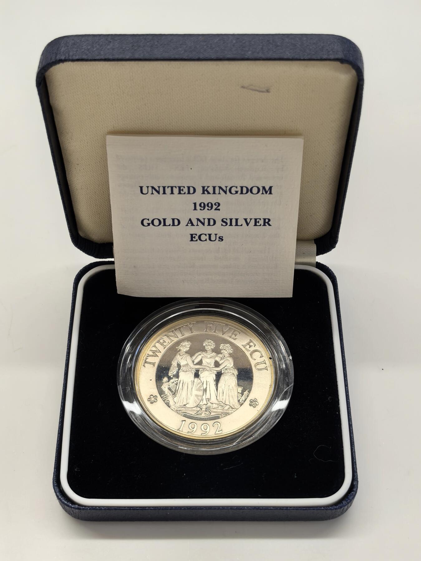 博洋堂世界钱币拍卖第123期（全场包邮） 英国1992年25欧洲货币单位 三女神 23克925银 发行量：2万5千 盒证全