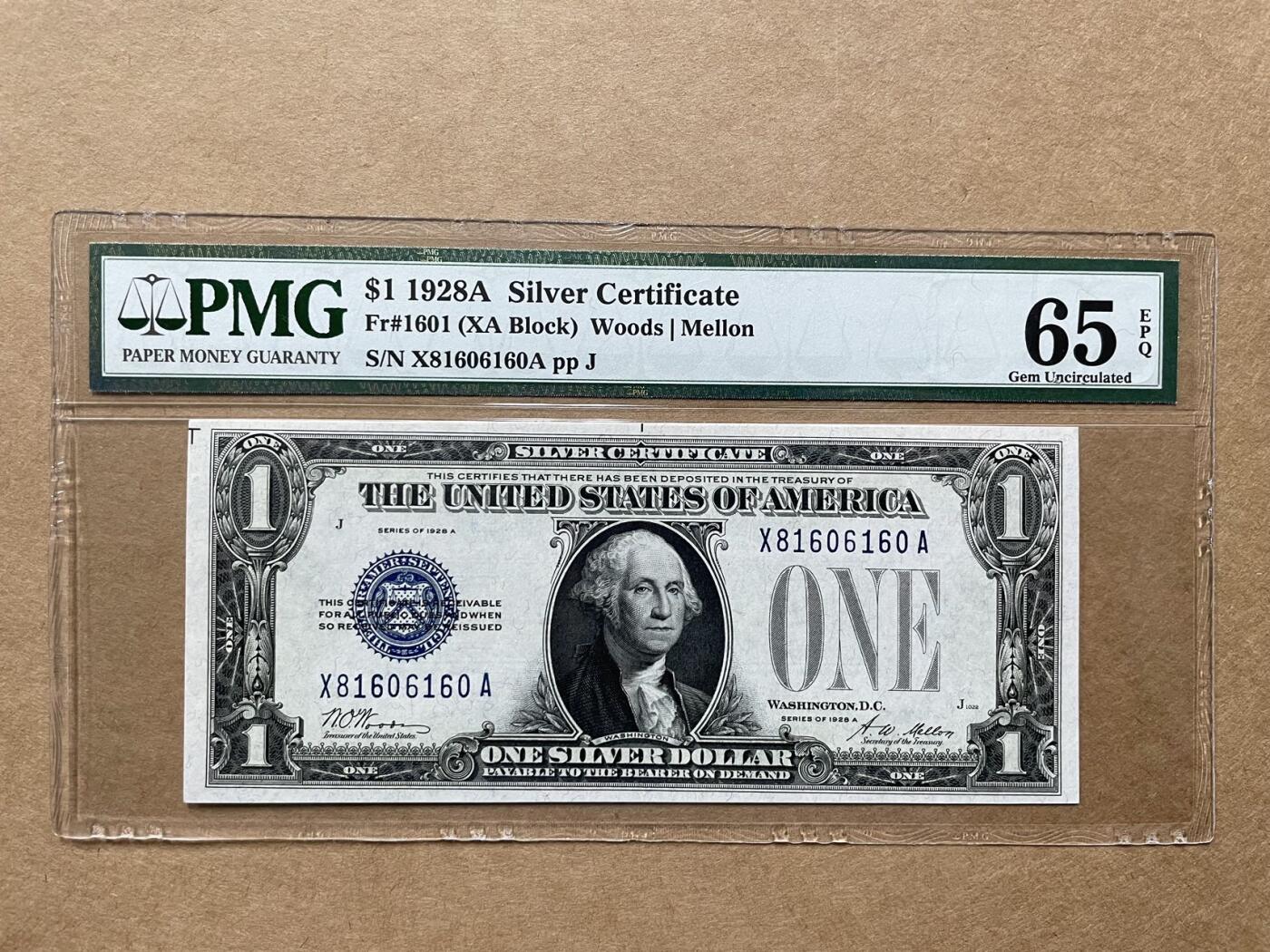 美国1928年A版1美元白银券 倒置号&趣味号 PMG65EPQ X8160 6160A