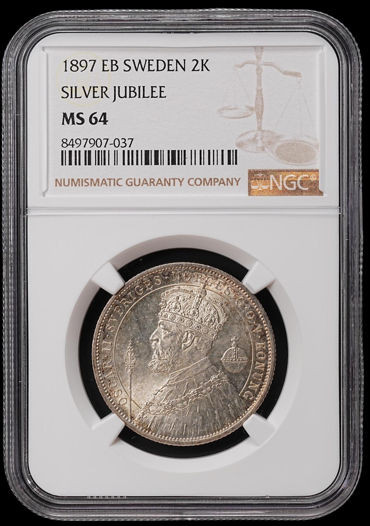 修遠堂世界钱币第七十期 NGC MS64 1897年瑞典国王登基25周年纪念2克朗银币