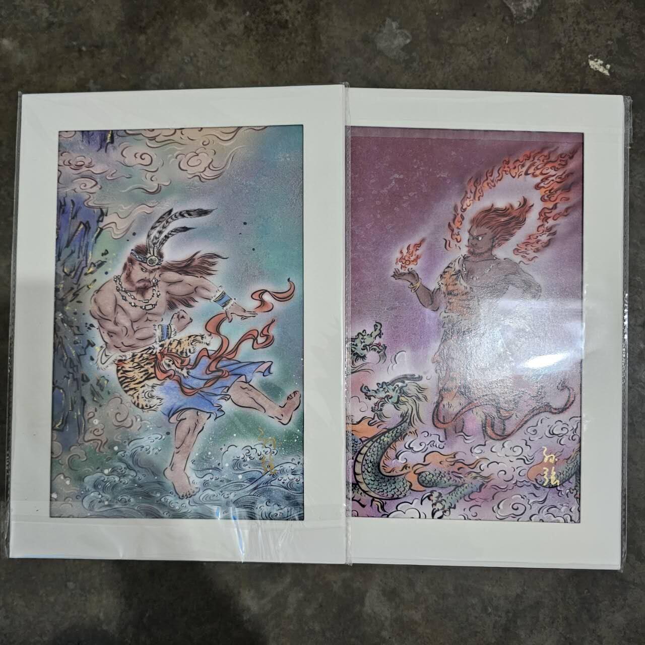 龙虎卡牌第37场 （无佣金，满120包邮，欢迎送拍） 【亲签】A4版画2张 启读 上古神话-水神共工&火神祝融
