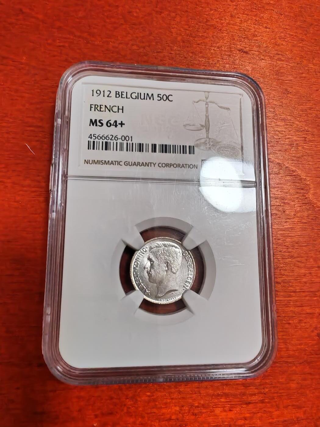 长老汇蛇年精选第十一场拍卖  1912 比利时50分银币，NGC MS64+，法语版，唯一冠军分